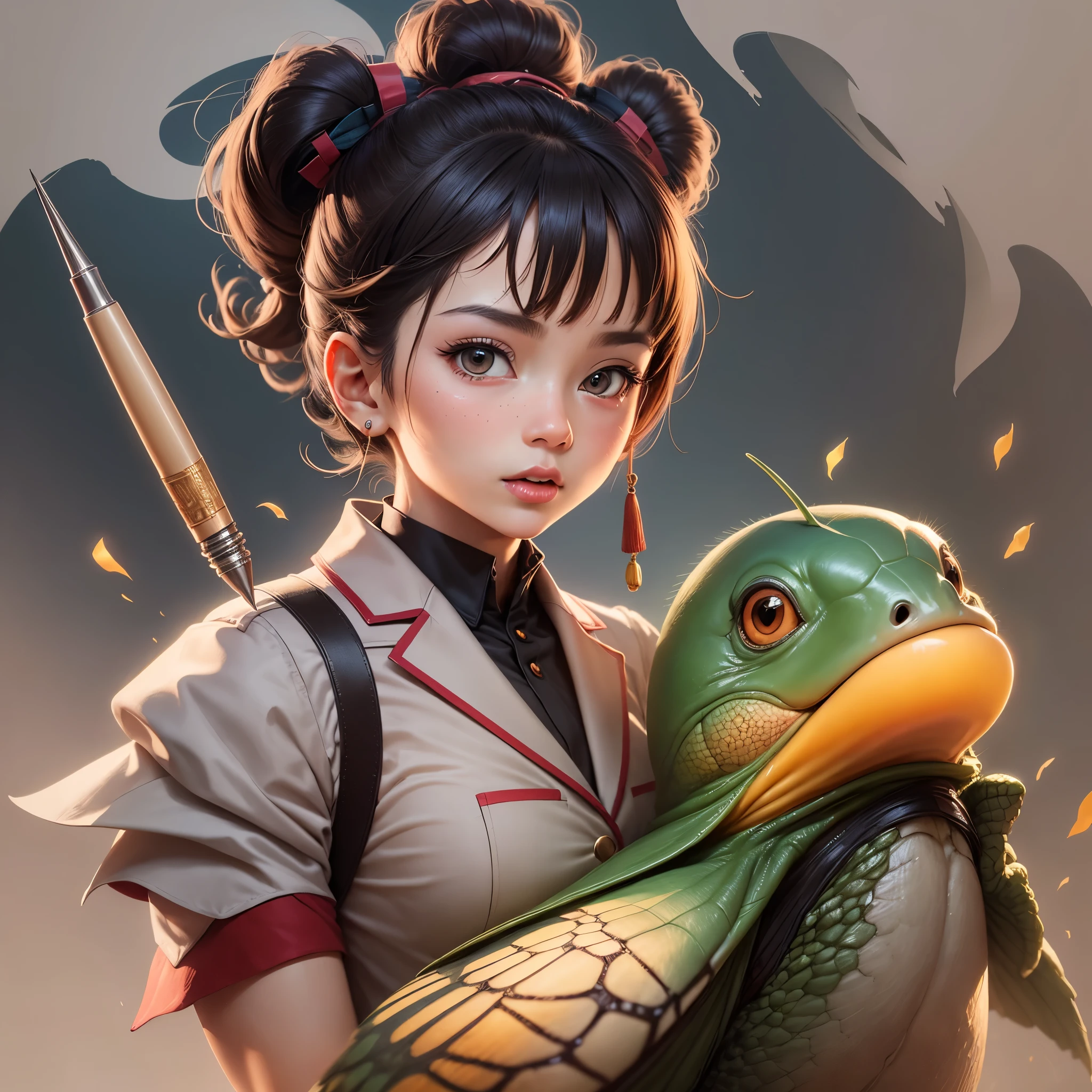 Cartoon character IP, wearing a Chinese suit, holding a pen, a turtle boy, a pure white background