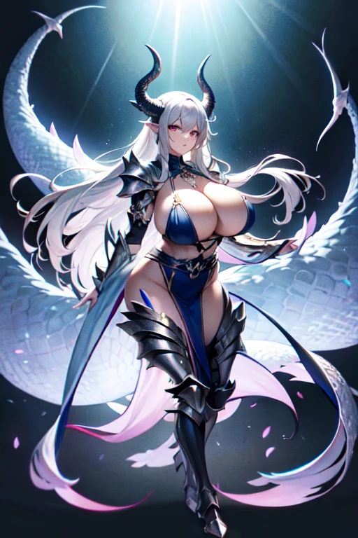 A woman with dragon horns is covered in dragon scale armor, dragon horn is extremely luxurious, dragon tail, beautiful dragon scale armor, armor openwork, complex armor, beautiful armor, fantasy armor, intricate details armor, long and elegant tail behind, stunning details, imperial armor, ethereal, goddess, Japanese goddess, full body photo close-up, (transparent areola), chubby, huge breasts, oily body, fleshy body, plump body, perfect masterpiece, highest image quality, perfect picture quality, 8K, full body lens, ( Front portrait: 1.1), delicate face, glowing eyes, very fine style, perfect masterpiece, highest image quality, perfect picture quality, 8K,