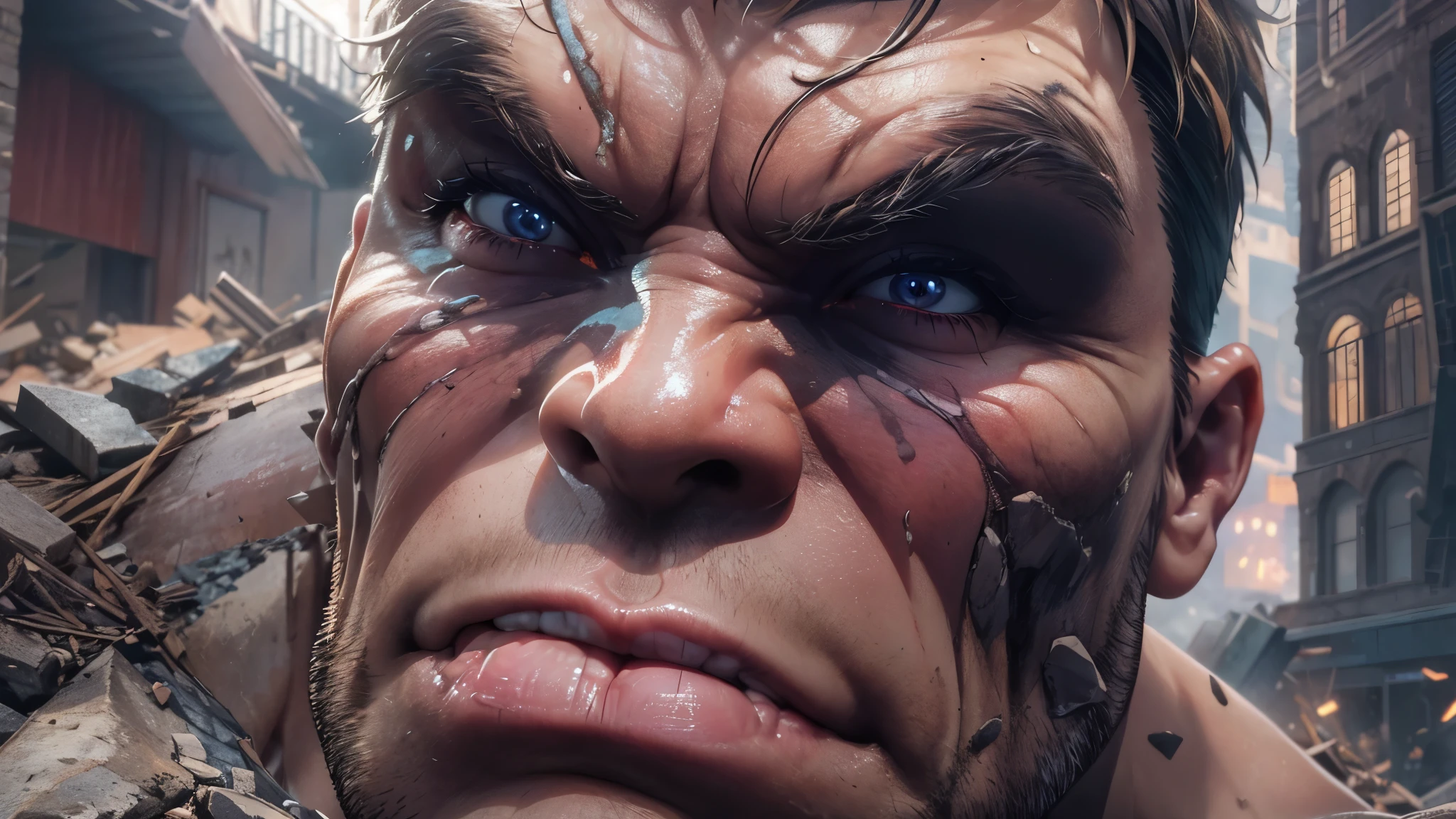 Capture the explosive moment as the incredibly hulk smashes the ground of the remains of a building turned to rubble by an explosion. This RAW masterpiece showcases an ultra-high resolution, photorealistic full-body portrait, illuminated by the warm glow of sunlight. The scene is rendered in the captivating style of mecha sci-fi anime, boasting an impressive 8K resolution for the best quality imagery. Crafted with Unreal Engine 1.4, this piece features ultra-realistic 64K CG, skin texture at 1.4, and volumetric fog to add depth and atmosphere. The details are further enhanced with 8K UHD, DSLR quality, film grain, and the artistic touch of lomography. The result is a stunning blend of high-quality visuals, translucent effects, and photorealism that truly captivates the viewer.
