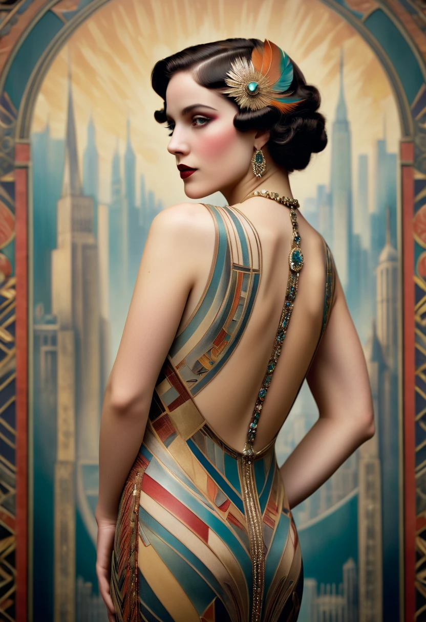 (highres:1.2),art deco tattoo on a woman's back,aggressive,1925 in Paris,woman with a strong expression,exquisite details,expressive eyes,precise lines and curves,vibrant colors,stunningly detailed jewelry,gleaming metallic tones,ornate patterned motifs,elaborate art deco style,imposing posture,proud and confident stance,sleek and streamlined design,industrial elements blended with organic shapes,symmetry and geometric patterns,cityscape in the background,elegant buildings of the 1920s,upbeat jazz music filling the air,bustling crowd dressed in glamorous fashion,exciting and lively atmosphere,decadent parties and social extravagance,feathers and furs adorning fashionable women,smoke swirling from long cigarette holders,flashing cameras capturing the vibrant energy,sophisticated and avant-garde art scene,captivating fusion of modernism and luxury,rich cultural and artistic heritage,enchanting celebration of creativity,inspiration flowing through the veins of the city.