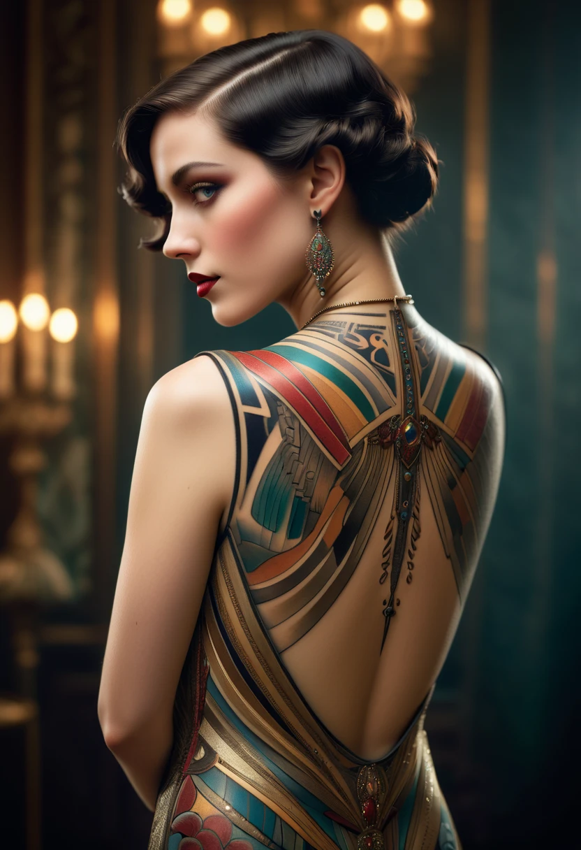 (highres:1.2),art deco tattoo on a woman's back,aggressive,1925 in Paris,woman with a strong expression,exquisite details,expressive eyes,precise lines and curves,vibrant colors,stunningly detailed jewelry,gleaming metallic tones,ornate patterned motifs,elaborate art deco style,imposing posture,proud and confident stance,sleek and streamlined design,industrial elements blended with organic shapes,symmetry and geometric patterns,cityscape in the background,elegant buildings of the 1920s,upbeat jazz music filling the air,bustling crowd dressed in glamorous fashion,exciting and lively atmosphere,decadent parties and social extravagance,feathers and furs adorning fashionable women,smoke swirling from long cigarette holders,flashing cameras capturing the vibrant energy,sophisticated and avant-garde art scene,captivating fusion of modernism and luxury,rich cultural and artistic heritage,enchanting celebration of creativity,inspiration flowing through the veins of the city.
