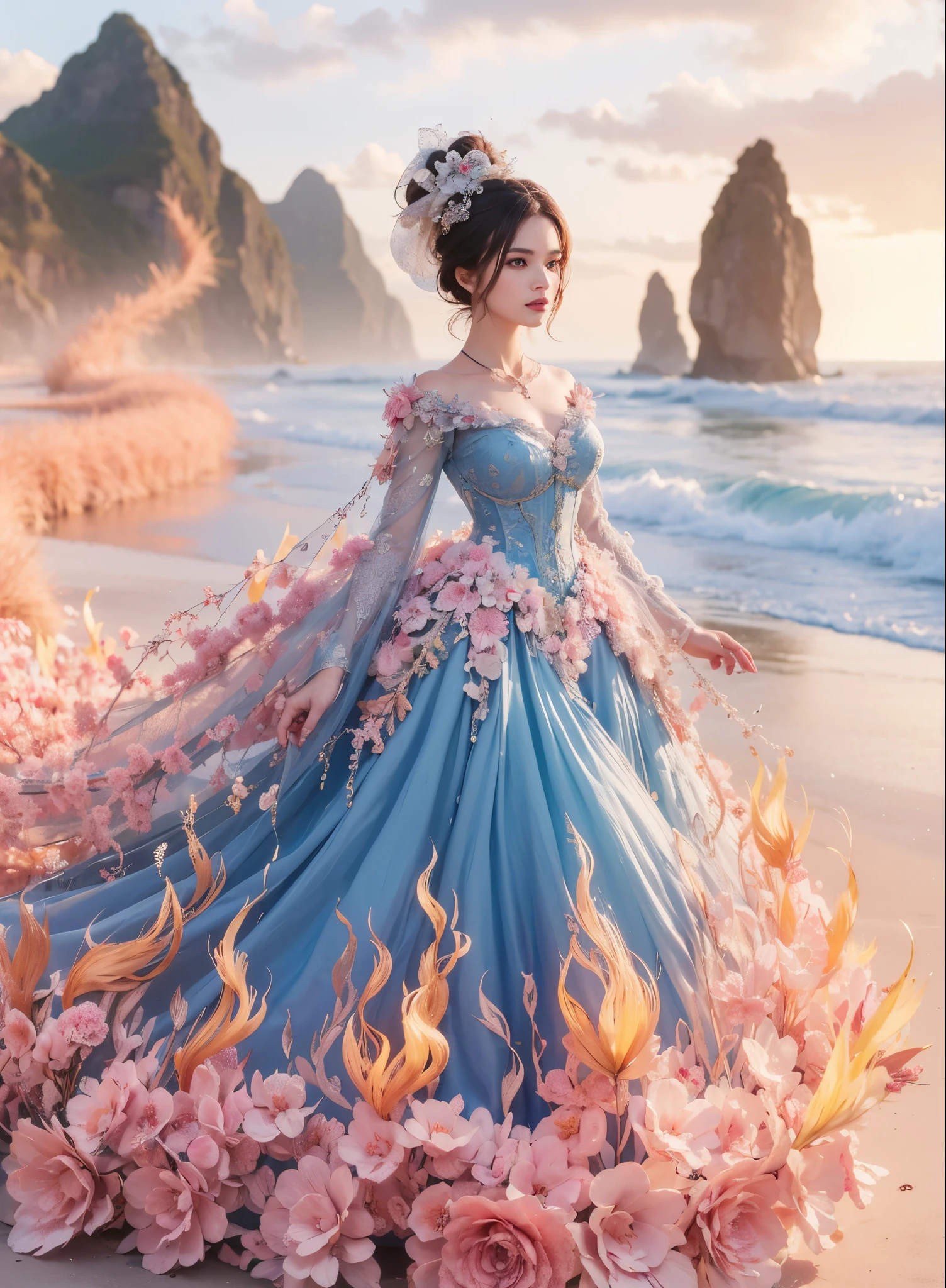 arafed woman with bustier gigantic breast in a corset and dress in front of a building, wearing an ornate outfit, ornate dress, intricate dress, elegant corset, ornate and elegant, extravagant dress, inspired by Hedi Xandt, ornate attire, intricate outfit, ornate royal gown, ornate clothing, ornate gown, intricate and elegant, intricate detailed dress, ornate , royal dress,  masterpiece, best quality:1.2),,(8k,highres,RAW photo,realistic,photo-realistic:1.3),(detailed skin texture,detailed cloth texture,beautiful detailed face:1.25),professional lighting,photon mapping,beautiful soft light,radiosity,physically-based rendering,raytracing, model shoot style, model shoot style, (extremely detailed CG unity 8k wallpaper), full shot body photo of the most beautiful artwork in the world,