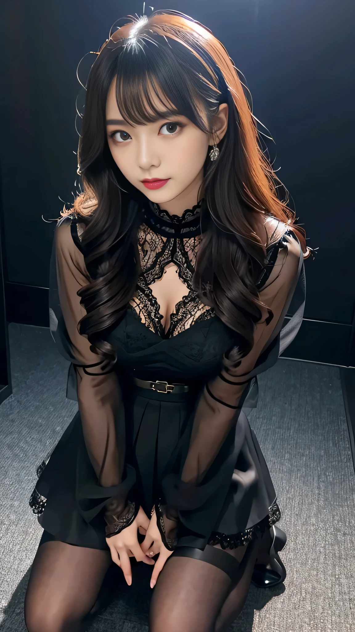 Super detailed、Japanese、charming beauty、Dainty woman、sharp eyes、cool girl、wavy hair、suit、Black chiffon dress、lacy fabric、wide sleeve、Jacket、white blouse、flare skirt、pantyhose、Shiny legs、evilの幹部、evil depravity、brainwashing、Mind control、lipstick、have lip gloss、grin、邪evilなな表情、evil、empty eyes、邪evilな、in the black room、、kneeling pose