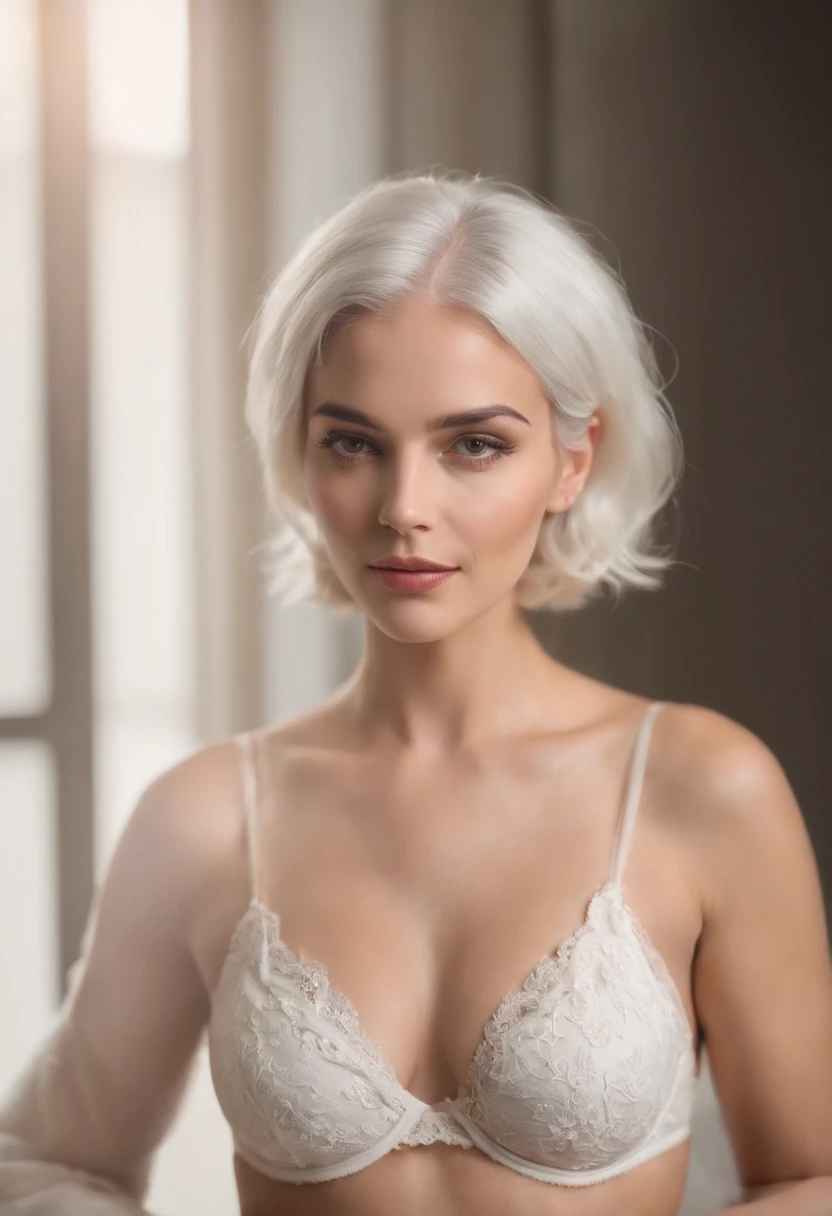 Uma negra terna, short white hair on the head, sem roupas, um belo corpo sexy, mini panties and a mini bra, contra o fundo de um interior desfocado, Uma pose sexy, corpo todo, (pelada), deitada na cama, naked
