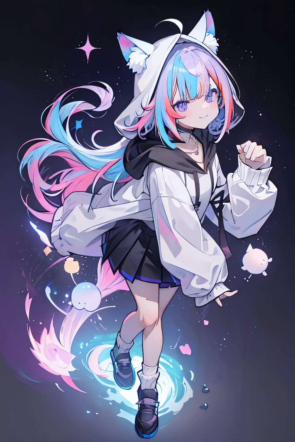 ((Лучшее качество, Шедевр)), 1girl, :3, ahoge, animal ears, animal hood, bangs, black eyes, black skirt, blue hair, blunt bangs, cat hood, closed mouth, colored inner hair, full body, grey background, hood, hood up, hoodie, jewelry, leg warmers, long hair, long sleeves, looking at viewer, loose socks, multicolored hair, necklace, puffy long sleeves, puffy sleeves, purple background, purple hair, short eyebrows, skirt, sleeves past fingers, sleeves past wrists, smile, socks, solo, standing, two-tone hair, very long hair, virtual youtuber, white hoodie
