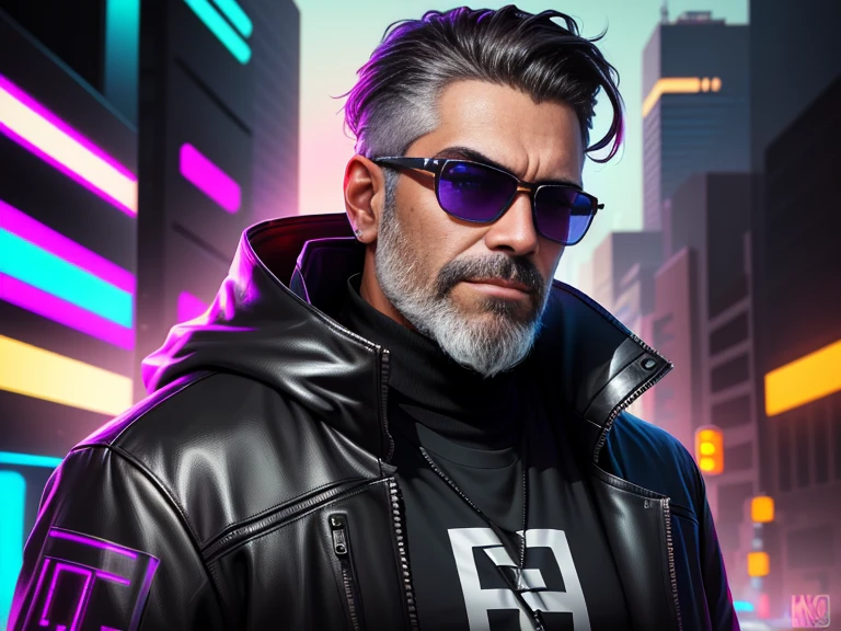 A stunning trendy themed gradient cyberpunk portrait of a man wearing sunglasses, dark hair, grey beard, particularly rich in color detail, very detailed, cool tones, no watermark signature, transcendent stylized twitch streamers filling the entire picture.
