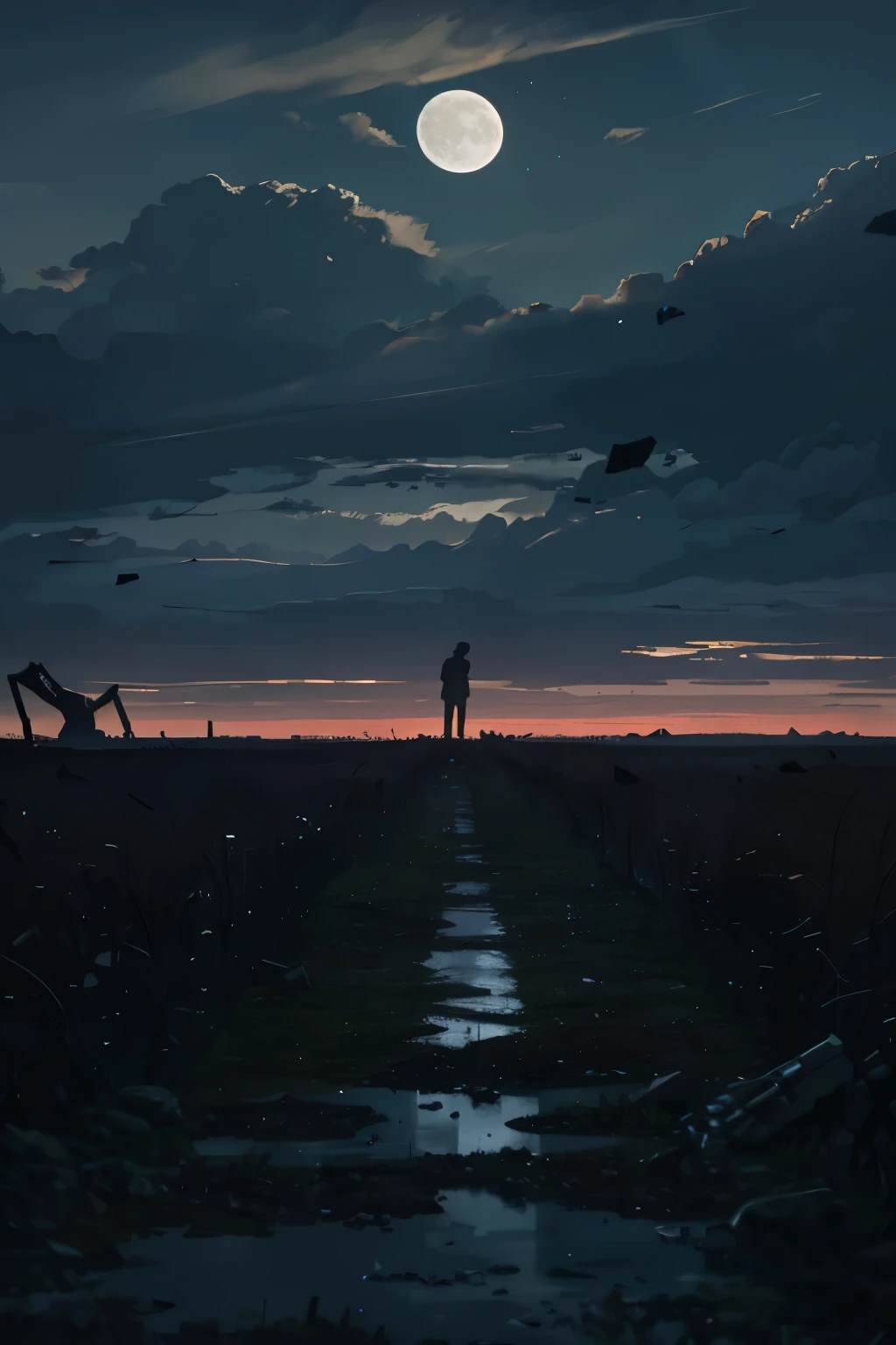 Masterpiece, evocative scene of a cloudy moonlit night, burnt-out fields and ruins, empty spaces, lone figure, realistic photographic style, low angles-- 9:16 aspect ratio, sharpening and contrast enhancement for added detail.
A hauntingly beautiful scene unfolds as the silvery moon casts a melancholic glow upon the vast expanse of burnt-out fields and crumbling ruins. The empty spaces between the debris tell a story of desolation, as the atmosphere is thick with the weight of sadness. At the heart of this scene, a lone figure stands, bathed in the pale light of the moon. The realistic photographic style capt
