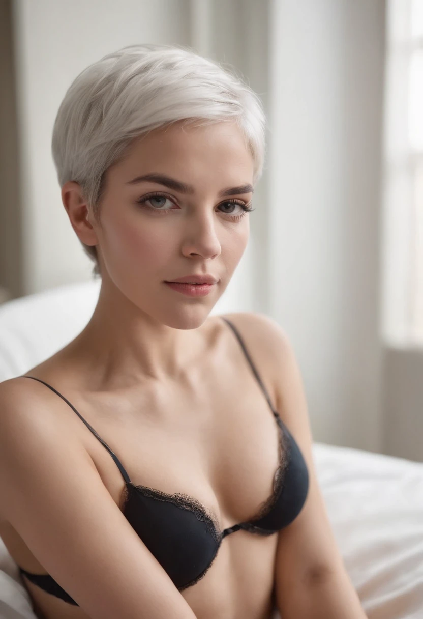 Uma  negra terna, short white hair on the head, sem roupas, um belo corpo sexy, mini panties and a mini bra, contra o fundo de um interior desfocado, Uma pose sexy, corpo todo, (pelada), deitada na cama