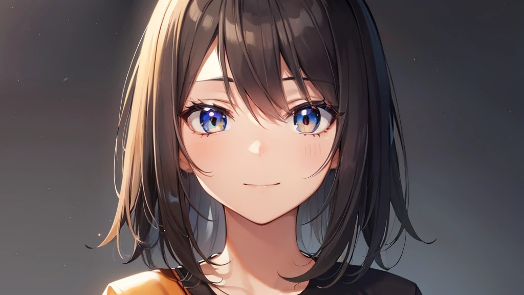 haruzawa_ayumi, medium hair, ahoge, black hair, orange eyes, chubby face, small breast, casual outfit, black realm, calm, smile, standing, BREAK looking at viewer, BREAK (masterpiece:1.2), best quality, high resolution, unity 8k wallpaper, (illustration:0.8), (beautiful detailed eyes:1.6), extremely detailed face, perfect lighting, extremely detailed CG, (perfect hands, perfect anatomy)