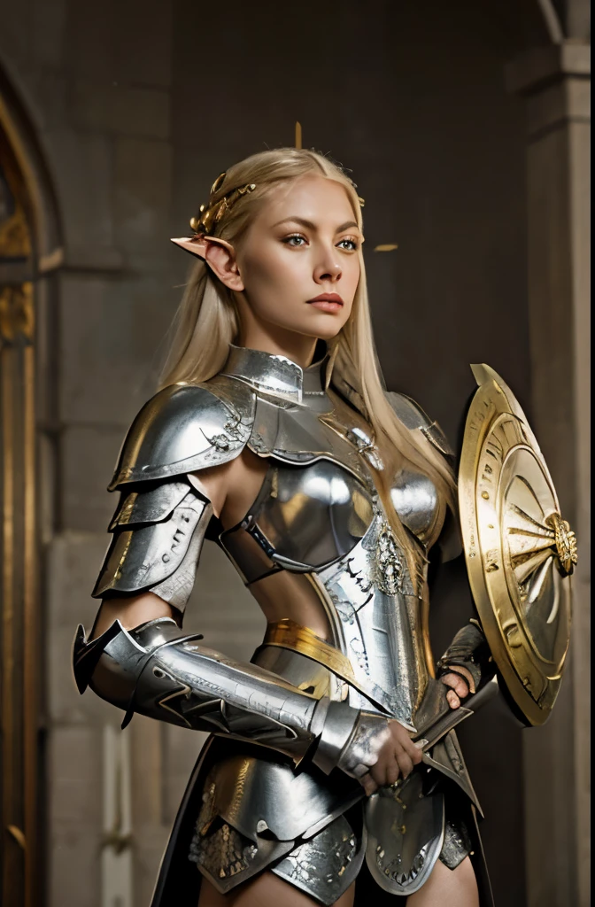 Galadriel Full body martial portrait with armor shield and spear, in (white enamelled heavy plate armor with gold filigree:1.3), golden hair with silver highlights, sexy, light grey eyes, (pointed ears:1.2),
Portrait by Caravaggio, oil on canvas.
1girl,
Full body with shield and spear. The shield device shows the sigil of the house of finarfin. She is holding a long spear. At her side hangs a long sword in scabbard.