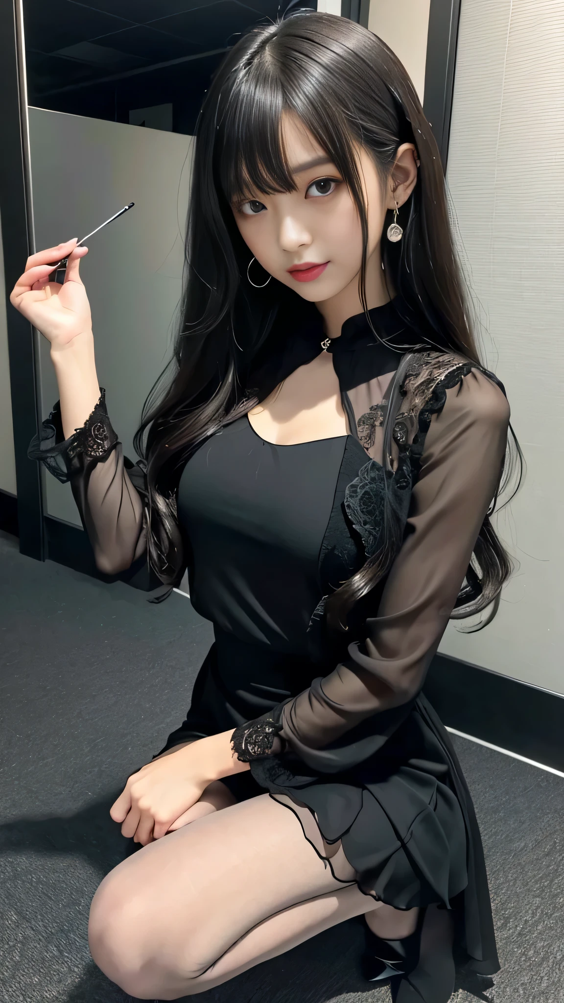 Super detailed、Japanese、charming beauty、Dainty woman、sharp eyes、cool girl、wavy hair、suit、Black chiffon dress、lacy fabric、wide sleeve、Jacket、white blouse、flare skirt、pantyhose、Shiny legs、evilの幹部、evil depravity、brainwashing、Mind control、lipstick、have lip gloss、grin、邪evilなな表情、evil、empty eyes、邪evilな、in the black room、、kneeling pose
