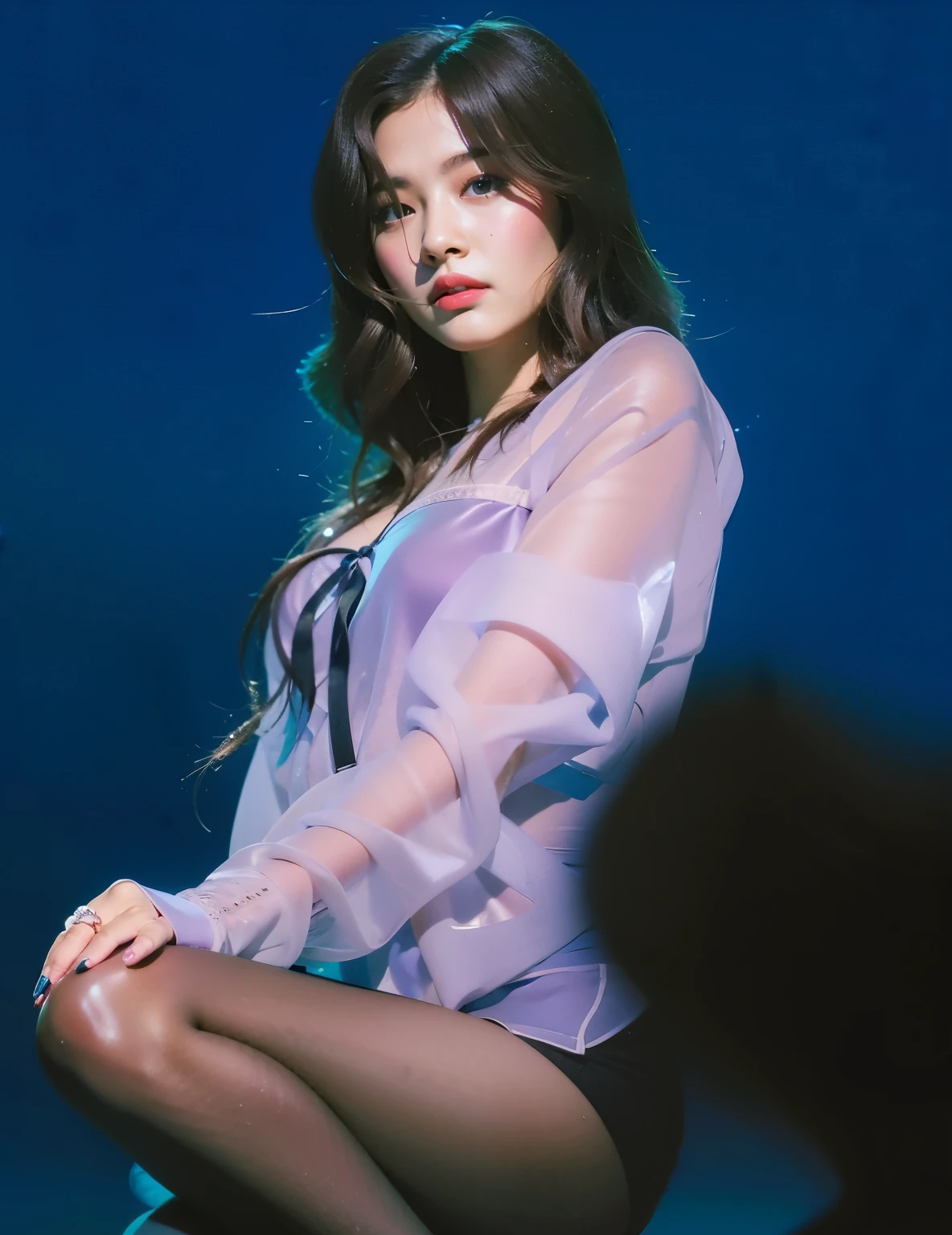 um close de uma mulher sentada em um banquinho com fundo azul, bae suzy, Heonhwa Choe, Jiyun Chae, jaeyeon nam, estacionar a partir de-min, parque roseanne de blackpink, Hwang se-é, Retrato de Jossi do Blackpink, Lee Ji-eun, Lee Ji-eun, Jinyoung Shin, Portrait of female Korean idol