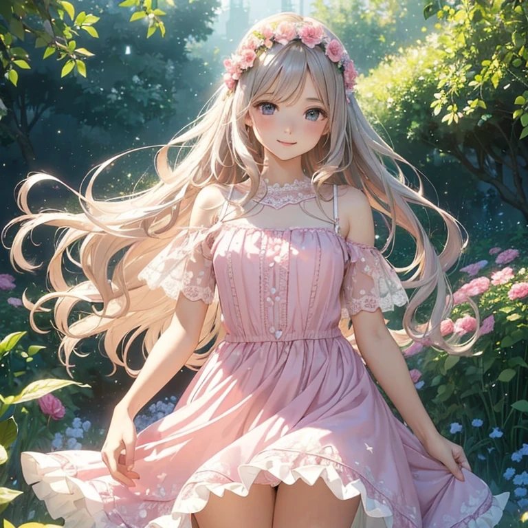 (Best Quality,Ultra-detailed,Photorealistic:1.37),Colorful,Ethereal lighting,Soft pastel tones,Atmosphere of bliss,Flower Garden,Daytime,summer feel,Joyful expression,Cheerful smile,sparkling stars,Sparkling eyes,((Long pink wavy hair)),(((Flowing dress with lots of frills and lace))),The wind flipped my skirt and exposed vagina, Small butterfly,Dainty floral crown,Innocent beauty,Natural and radiant appearance,Quiet and peaceful environment,Harmony with nature,Playful sunbeams,Delicate features,Dreamy whimsical atmosphere,Fun and enchanting moments, cute floral panties, show panties, transparant dress