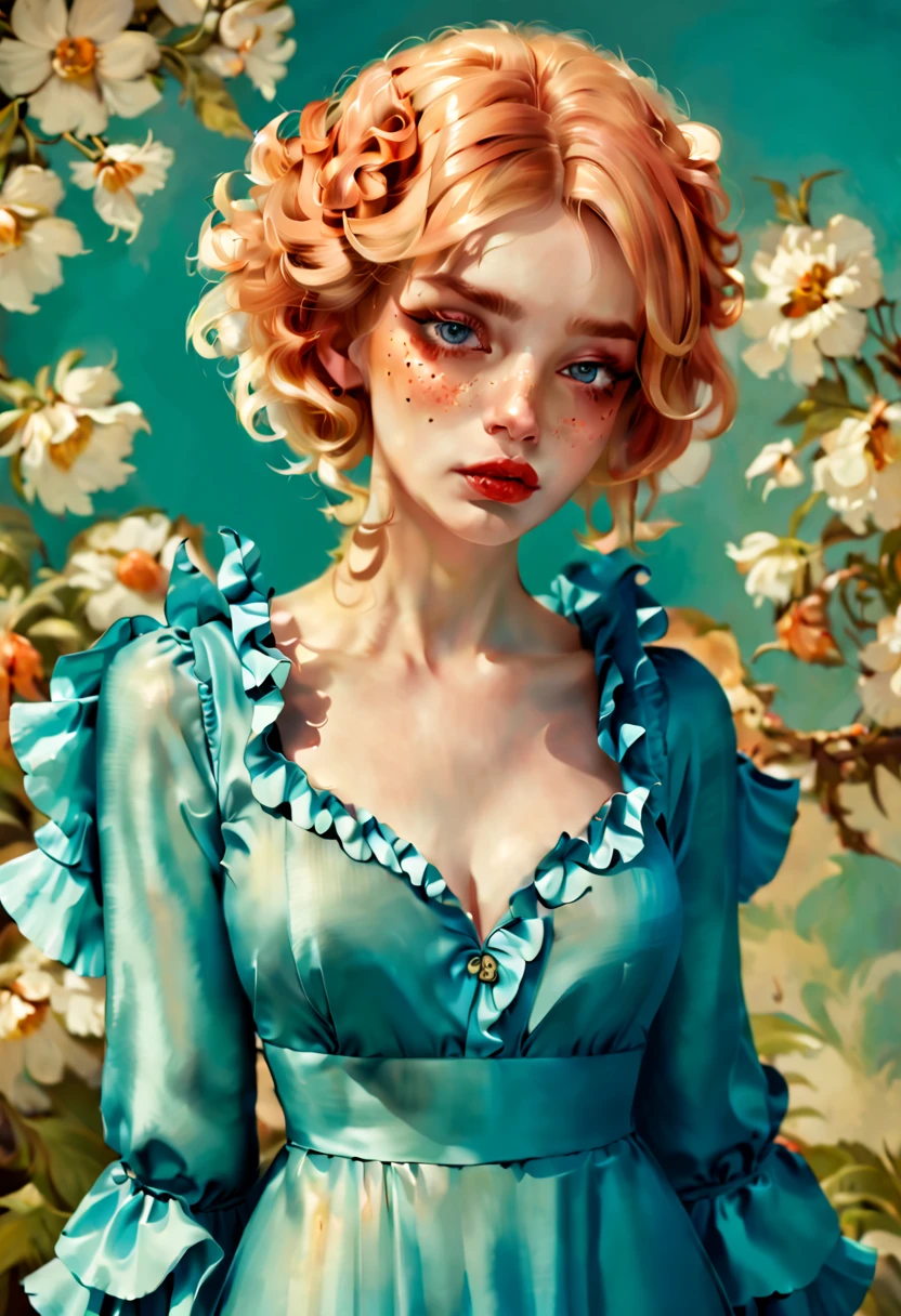 Gloss.Garden background. Fairytale, vintage style, floral wallpaper. Flowers by Coby Whitmore, Ray Caesar, Lichtenstein, Fragonard, Alberto Seveso. Oil painting heavy strokes, best quality. Flower dress, ruffled flower petal collar. Vogue fashion illustration. Perfect face, detailed turquoise eyes, detailed pupils, joyful expression, wavy hair. Dramatic lighting, deep shadows, chiaroscuro.