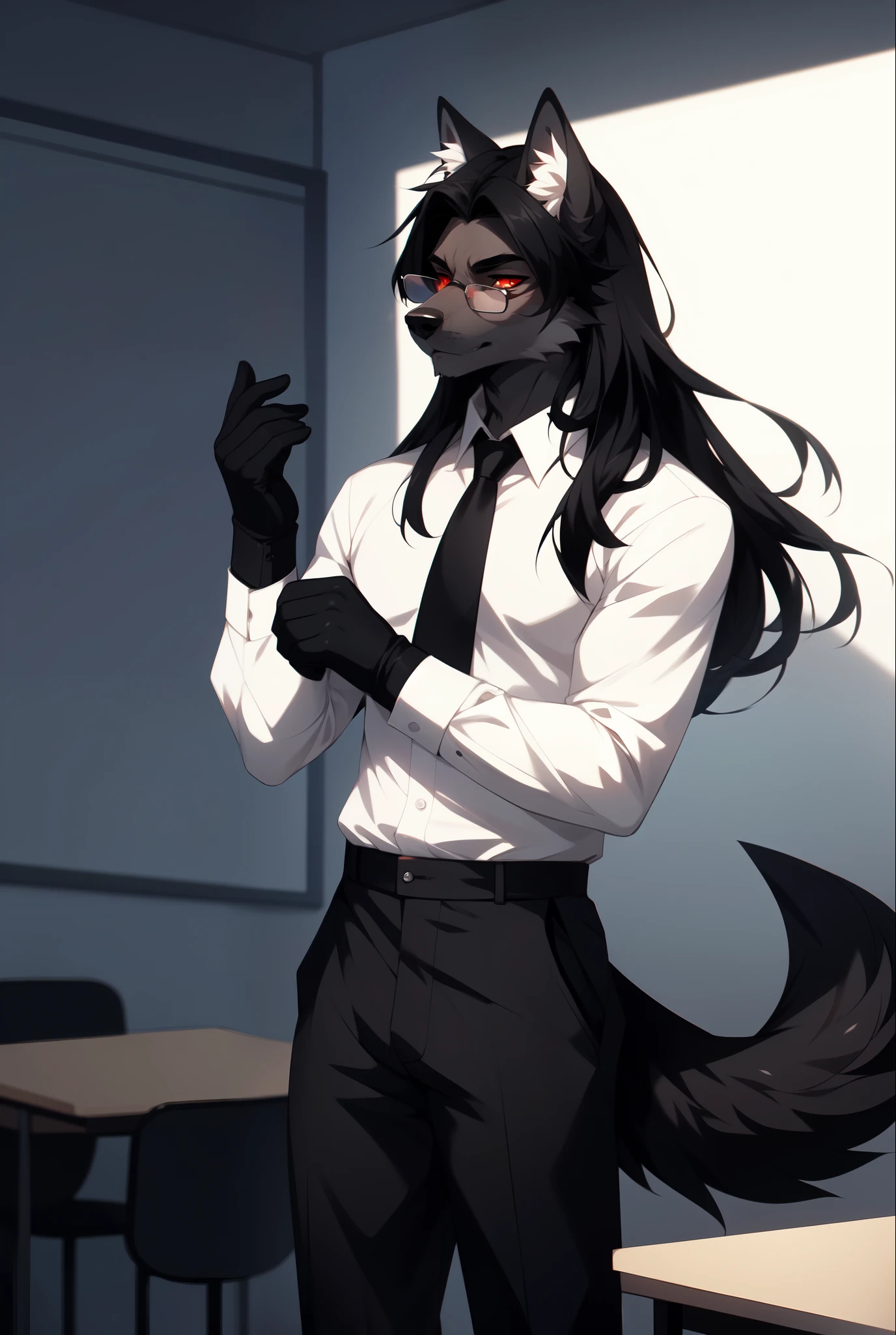 By fumiko, by hyattlen, by hioshiru, Natasha, dark grey wolf, male, tall and slender, red eyes, white sclera, long straightened black hair, long hair, black wolf tail, black wolf ears, white ear fluff, wearing elegant glasses, black suit, white button up shirt, red tie,black slacks, black gloves, black oxfords, standing in an elegant classroom, adjusting his glove, serious face, furrowed eyebrows