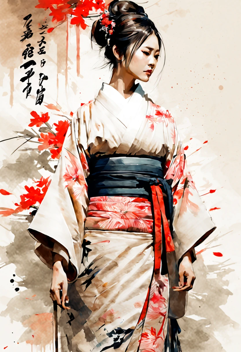 Masterpiece, best quality, beautiful woman wearing yukata, ink painting in the style of artists like Russ Mills, Sakimichan, Wlop, Loish, Artgerm, Darek Zabrocki, and Jean-Baptiste Monge