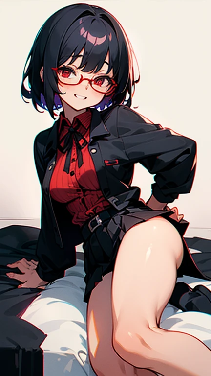 black short hair, red eyes,with eyeglasses, big eyes, beautiful anime girl, sly grin, black background ribbon buckle with red spots in her hair, wearing a shirt, shirt buttons completely undone, firm and medium breasts, wet breasts, miniskirt with red and black stripes she is wearing, her legs are medium thickness, she has long black socks on her legs, she is lying on the bed, the sunset light is shining on her face