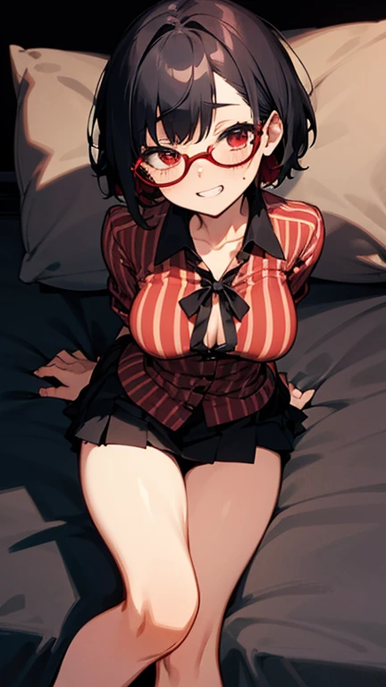 black short hair, red eyes,with eyeglasses, big eyes, beautiful anime girl, sly grin, black background ribbon buckle with red spots in her hair, wearing a shirt, shirt buttons completely undone, firm and medium breasts, wet breasts, miniskirt with red and black stripes she is wearing, her legs are medium thickness, she has long black socks on her legs, she is lying on the bed, the sunset light is shining on her face