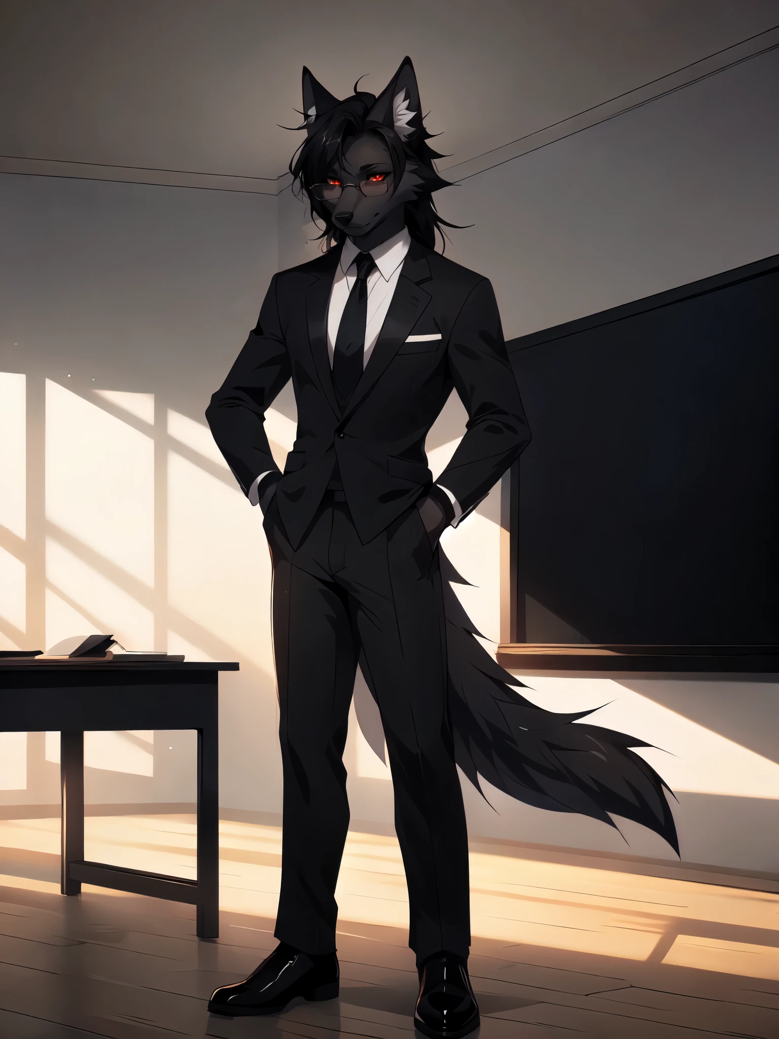 By fumiko, by hyattlen, by hioshiru, Natasha, dark grey wolf, male, tall and slender, red eyes, white sclera, long straightened black hair, black wolf tail, black wolf ears, white ear fluff, wearing elegant glasses, black suit, red tie,black slacks, black gloves, black oxfords, standing in an elegant classroom, adjusting his glove, serious face, furrowed eyebrows