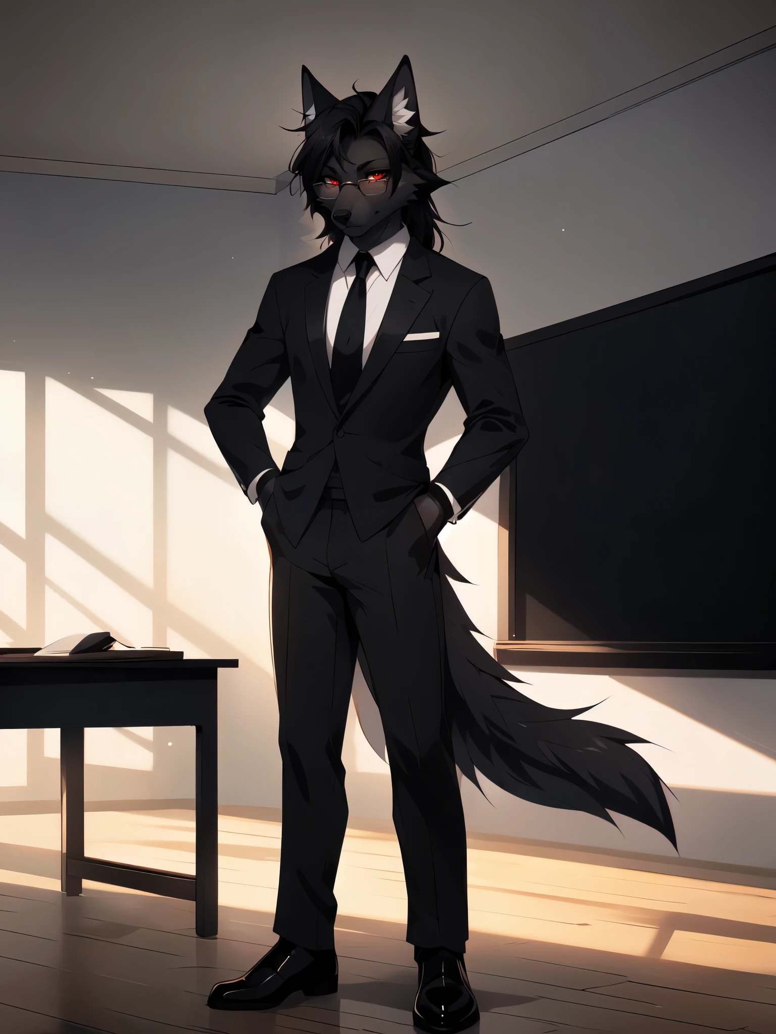 By fumiko, by hyattlen, by hioshiru, Natasha, dark grey wolf, male, tall and slender, red eyes, white sclera, long straightened black hair, black wolf tail, black wolf ears, white ear fluff, wearing elegant glasses, black suit, red tie,black slacks, black gloves, black oxfords, standing in an elegant classroom, adjusting his glove, serious face, furrowed eyebrows