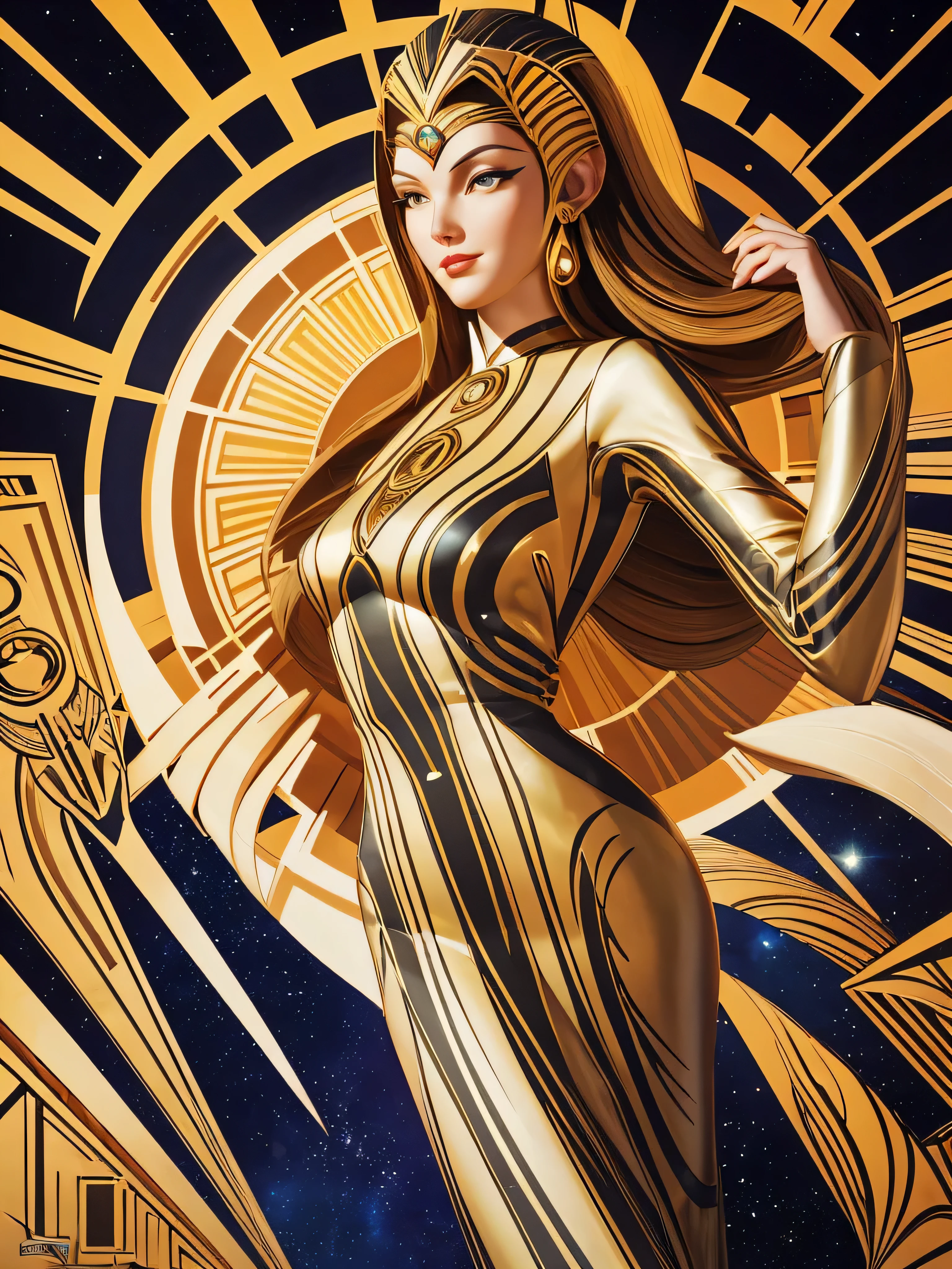 painting of a woman in a dress with a sun on her head, art deco of a space woman, art deco sci fi, georgy kurasov, by Vladimir Tretchikoff, art deco painting, enoch bolles, inspired by Vladimir Tretchikoff, inspired by Art Frahm, realistic art deco, art deco portrait, inspired art deco