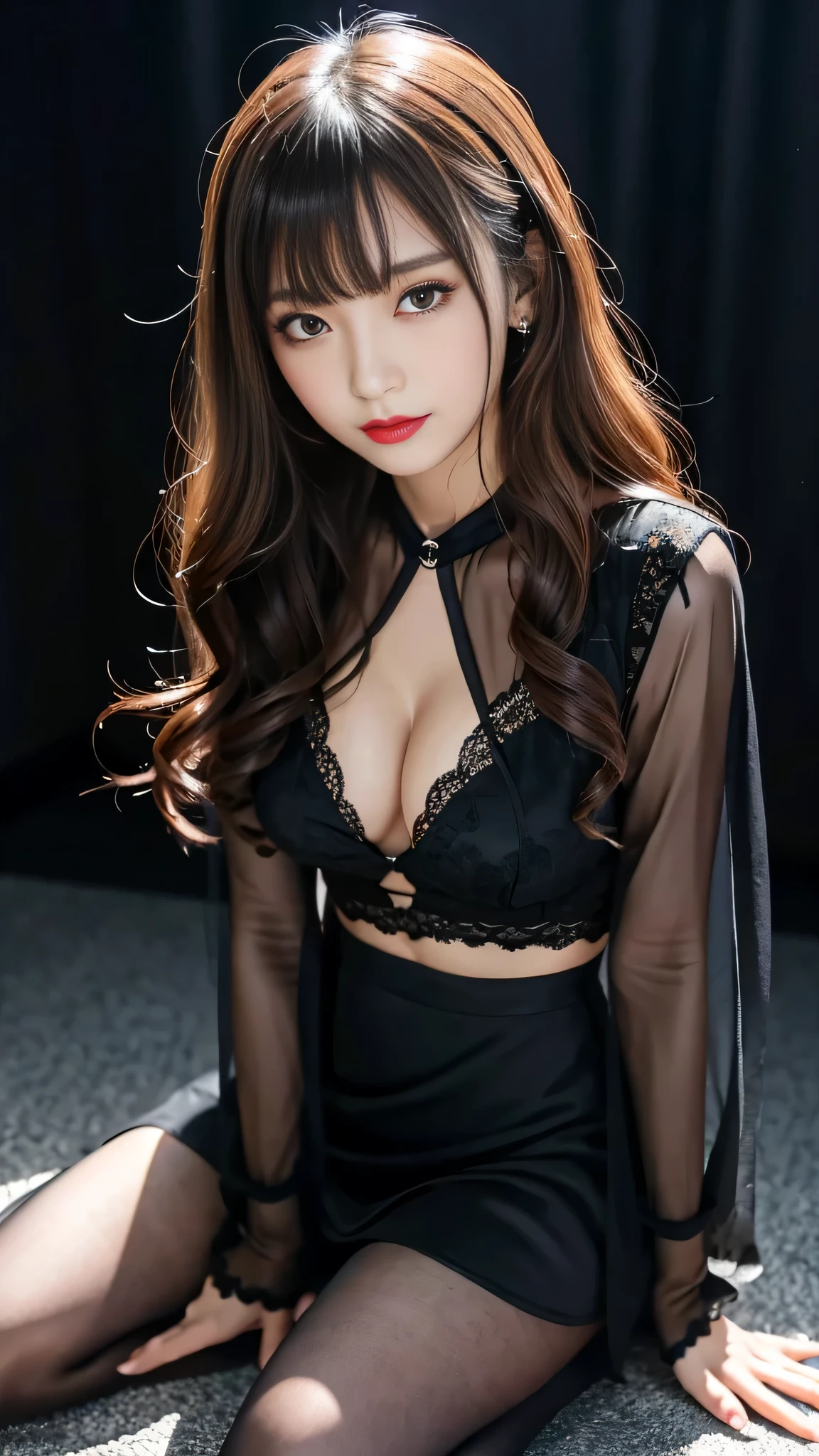 Super detailed、Japanese、charming beauty、Dainty woman、sharp eyes、cool girl、wavy hair、suit、Black chiffon dress、lacy fabric、wide sleeve、Jacket、white blouse、flare skirt、pantyhose、Shiny legs、evilの幹部、evil depravity、brainwashing、Mind control、lipstick、have lip gloss、grin、邪evilなな表情、evil、empty eyes、邪evilな、in the black room、kneeling pose