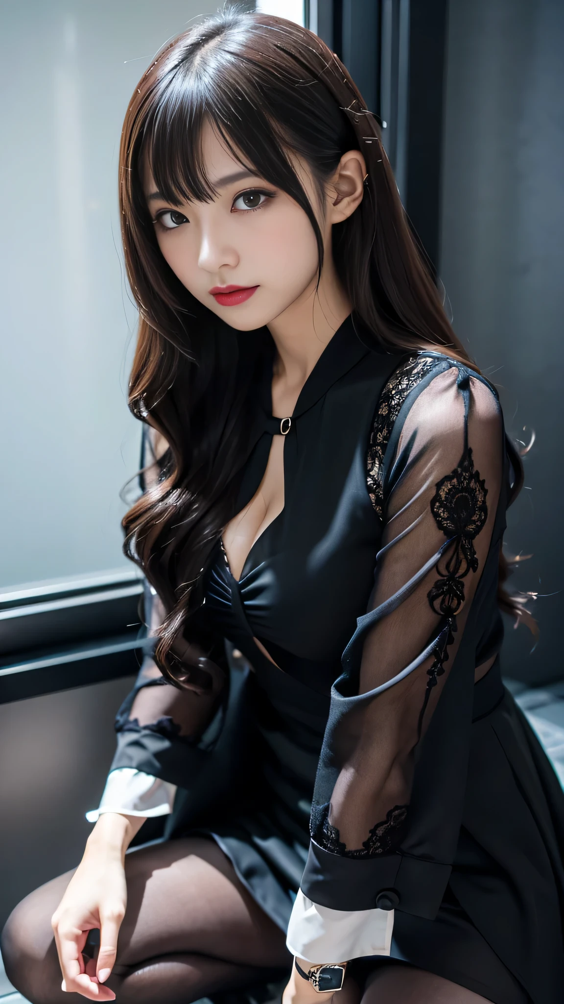 Super detailed、Japanese、charming beauty、Dainty woman、sharp eyes、cool girl、wavy hair、suit、Black chiffon dress、lacy fabric、wide sleeve、Jacket、white blouse、flare skirt、pantyhose、Shiny legs、evilの幹部、evil depravity、brainwashing、Mind control、lipstick、have lip gloss、grin、邪evilなな表情、evil、empty eyes、邪evilな、in the black room、kneeling pose