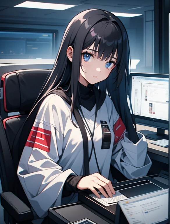 A beautiful 20-year-old girl with long black hair,blue eyes,,Finger sliding on computer, wear:gray future clothing,Sit in a humble room,In front of you is an optical brain display screen,Displays the messy information interface on StarNet。Shock、Unbelievable,Optical brain is the only high-tech device