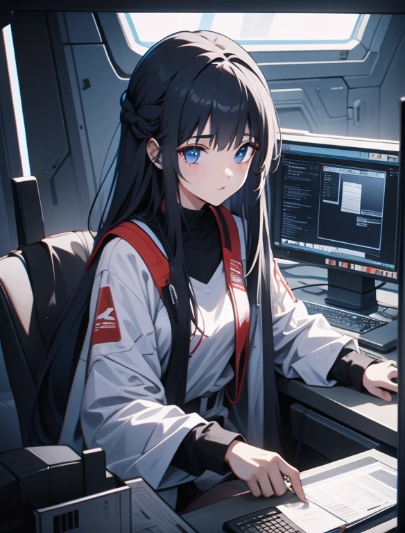 A beautiful 20-year-old girl with long black hair，blue eyes，Finger sliding on computer， wear：gray future clothing，Sit in a humble room，In front of you is an optical brain display screen，Displays the messy information interface on StarNet。Shock、Unbelievable，Optical brain is the only high-tech device
