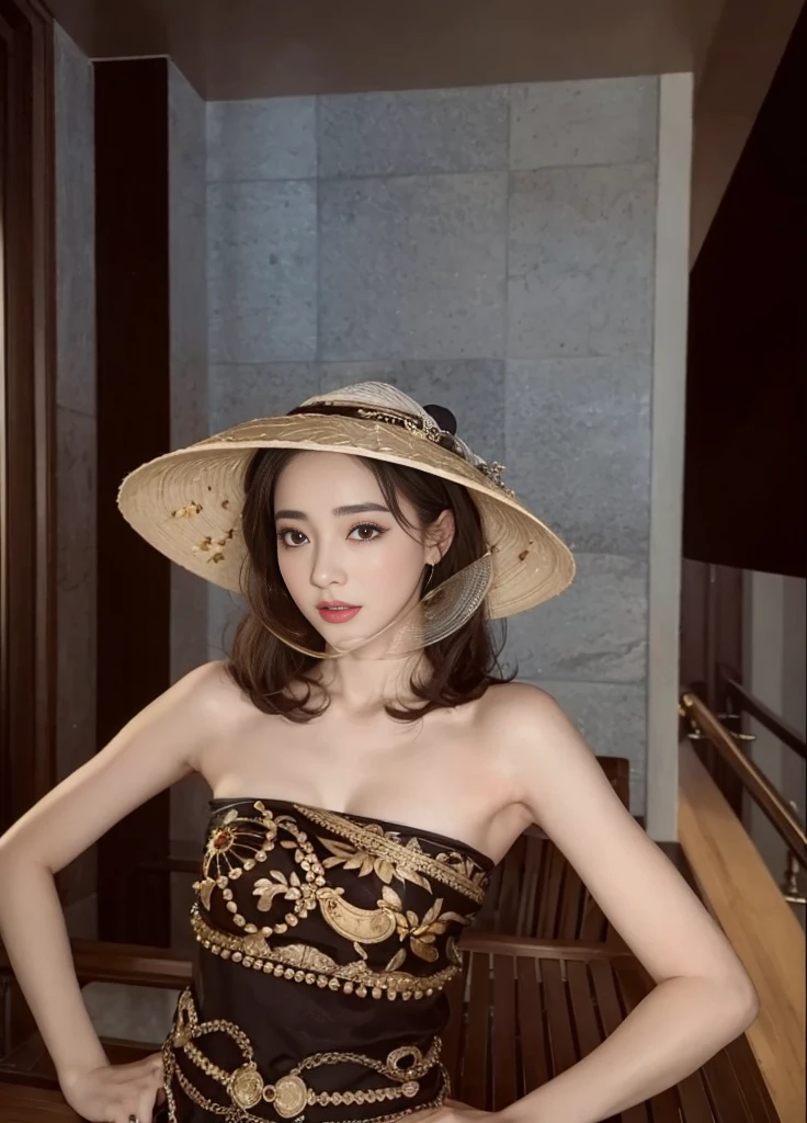 Araffe woman with hat posing for a photo in a room, dilraba dilmurat, con sombrero de paja, sha xi, kiko mizuhara, con sombrero, jia, usando una gargantilla y un lindo sombrero, sol yunjoo, con un sombrero raro, ruan jia hermosa!, ella esta usando un sombrero, chen xintong, con un enorme sombrero de paja