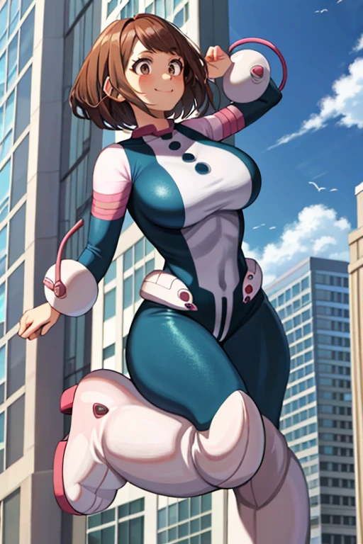 masterpiece, best quality, highres, hmochako, blush stickers, short hair, (((pixie cut 1.6))), huge breasts, superhero, bodysuit, boots, city, building, mid air, fighting stance,  hand on hip, wide hips, thick thighs ((curvy)), latex suit, sexy, smile, sensual, (((mature female 1.5))), PBR textures, levitating