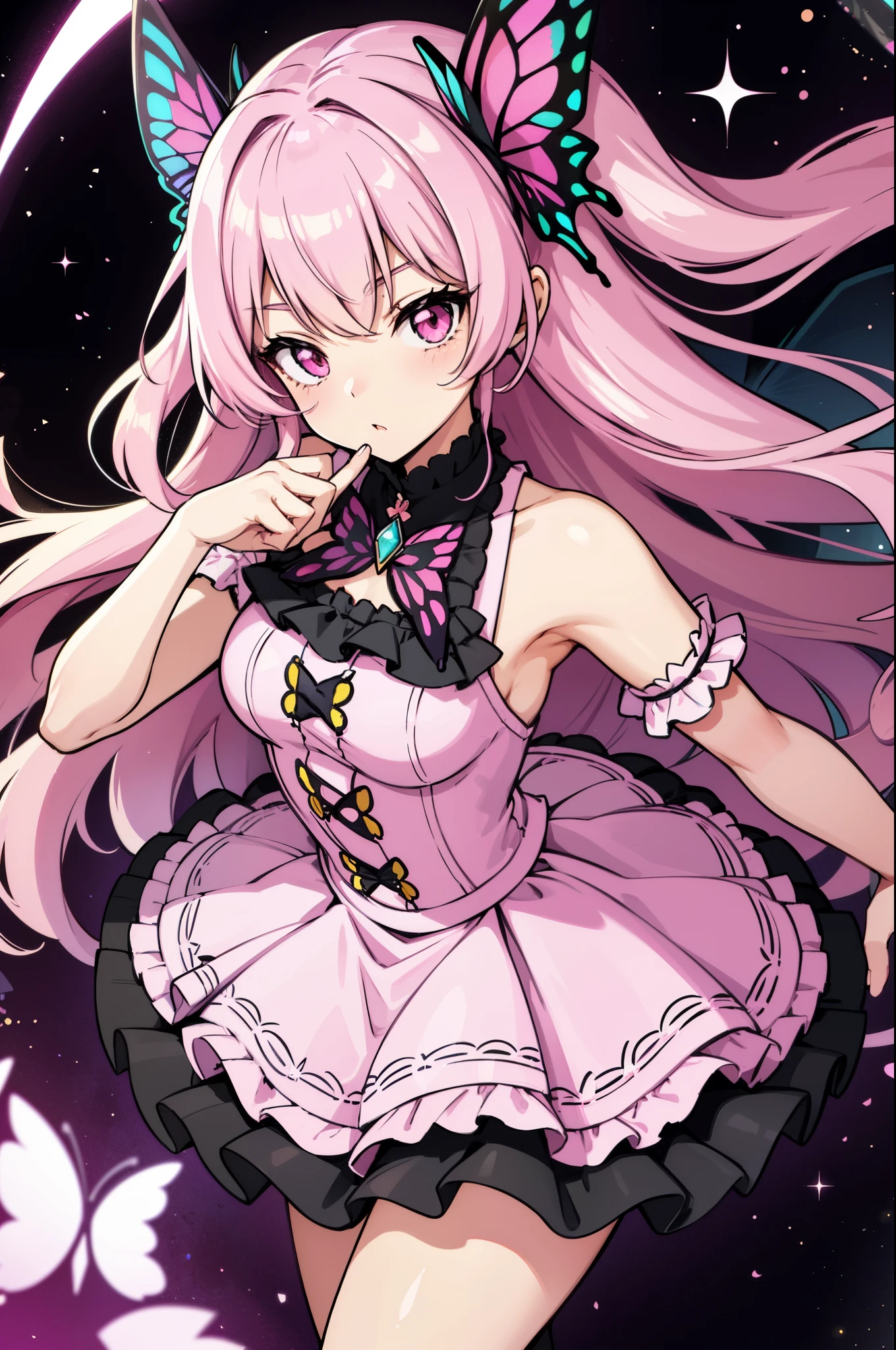  1girl, (pale pink butterfly ears:1.1), (dark magenta hair), (pastel pink inner hair), (absurdly long hair), (wavy bangs), (pastel pink eyes), (dynamic pose), (colorful idol costume), (frilly skirt), (black lace pantyhose), (pink butterfly wings:1.3), (dynamic angle), more_details:-1, more_details:0, more_details:0.5, more_details:1, more_details:1.5, glowify, more prism, vibrant color, jewelry background, floating gems, floating glass pieces, colored inner hair, depth of field, sparkle, from above, feet out of frame, high quality, highres