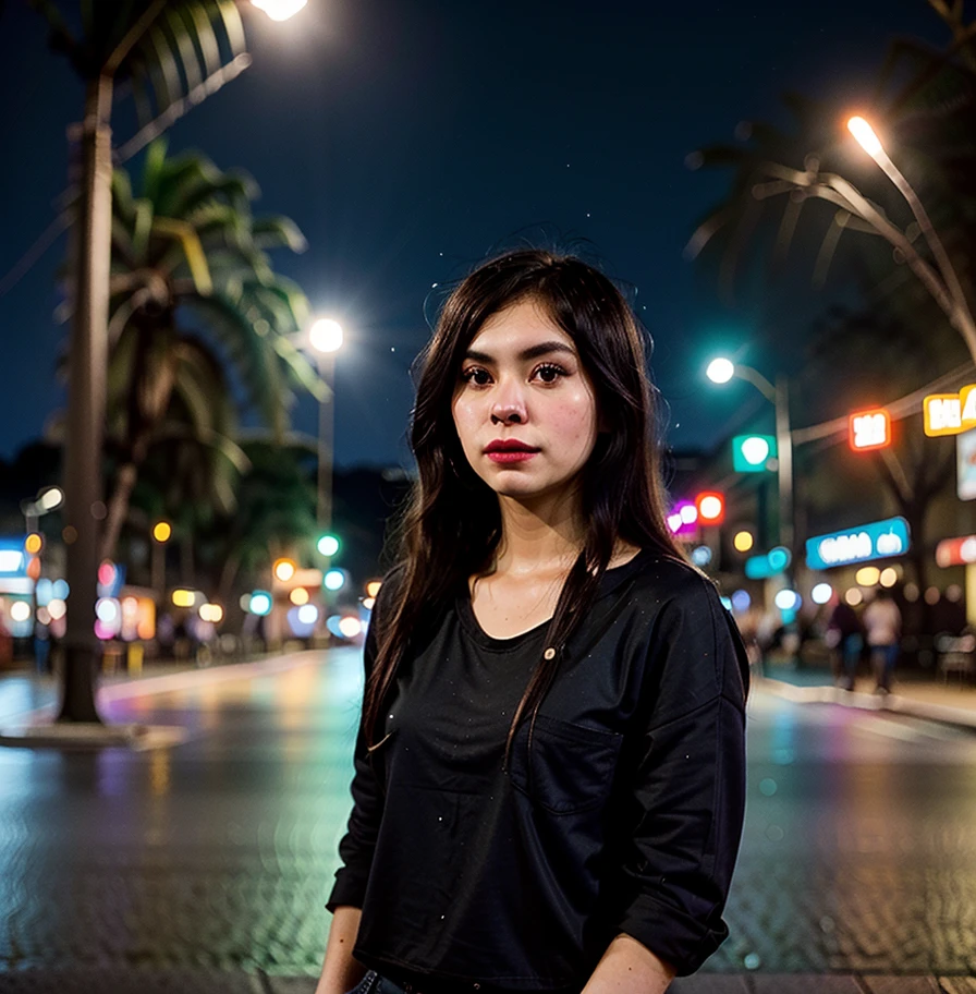 Photo at night Make a 29 year old woman with her back to the viewer, amusement park environment, luz natural da noite , cabelos longos, usa blusa branca, melhor qualidade, foto tipo Instagram