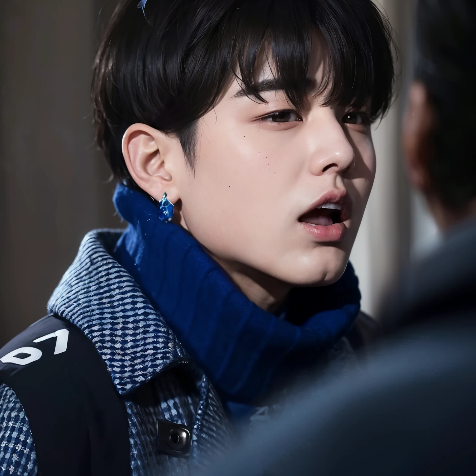 araffed boy with a blue scarf and a blue scarf, jungkook, hyung tae, jinyoung shin, jimin\'s right eyelid swollen, cai xukun, shin jeongho, park jimin, hong june hyung, jimin\'s plump lips, taejune kim, yanjun chengt, jimin, jung jaehyun, hyung tae kim