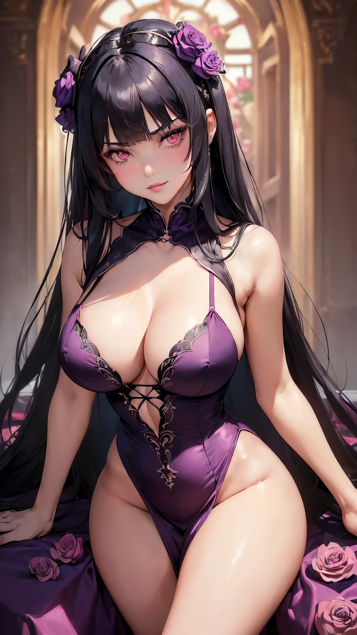 (masterpiece:1.5), (bestquality), (highlydetailed), (ultra-detailed), (1girl:1.2), ((solo girl)), ((black long hair)), ((hime cut)), ((blunt bangs)), ((pink eyes)), ((sexy slim hourglass figure)), ((large breasts)), ((sexy juicy lips)), ((pouty lips)), ((wearing dark purple dress)), ((pink rose on hair)), ((showing cleavage)), ((posing seductively)), ((best composition)), ((smug face)), ((smug grin))