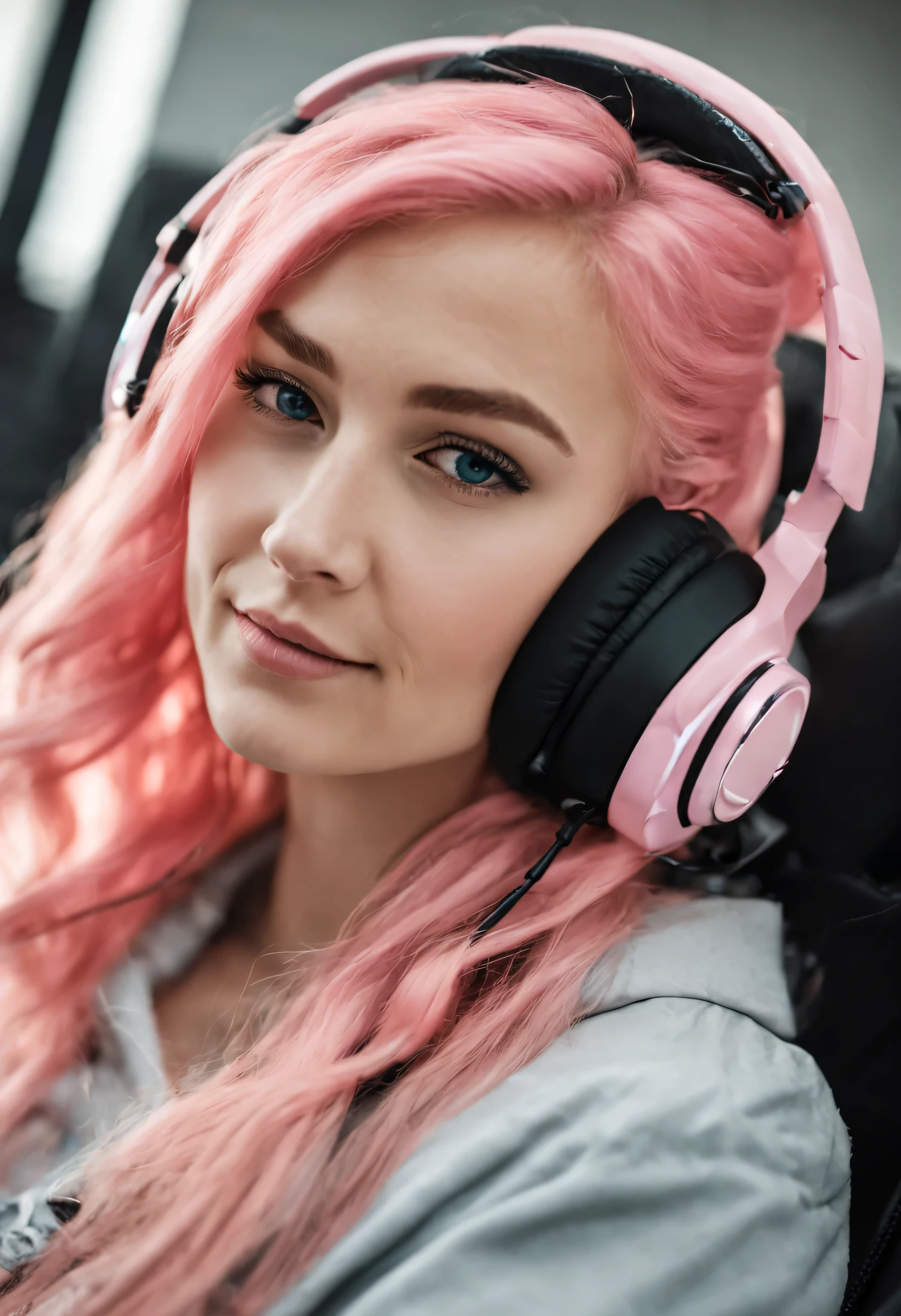beautiful young girl wearing a gamer headset, and pink blonde hair, sat in a gaming chair
