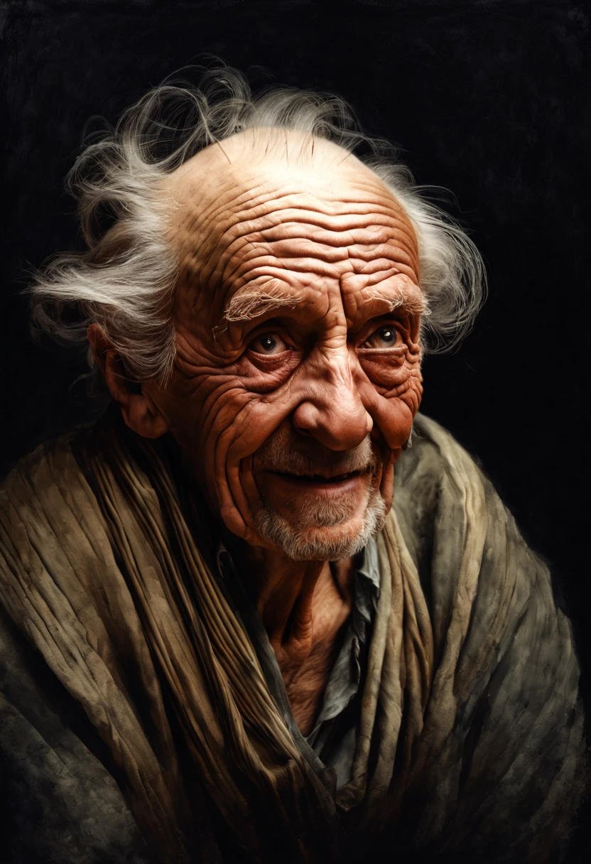 an elderly man's face is covered in deep wrinkles + concept art. Very beautiful, gouache, cinematic. Jean-Baptiste Monge, ultra-stunning lighting, dark, creepy, mysterious, modern vintage. in Paris, Coby Whitmore, artgerm, Ray Caesar, Liechtenstein, Fragonard. Oil painting with heavy strokes, best quality. Perfect face, wide smile, detailed eyes, detailed pupils. Dramatic lighting, deep shadows, chiaroscuro.
