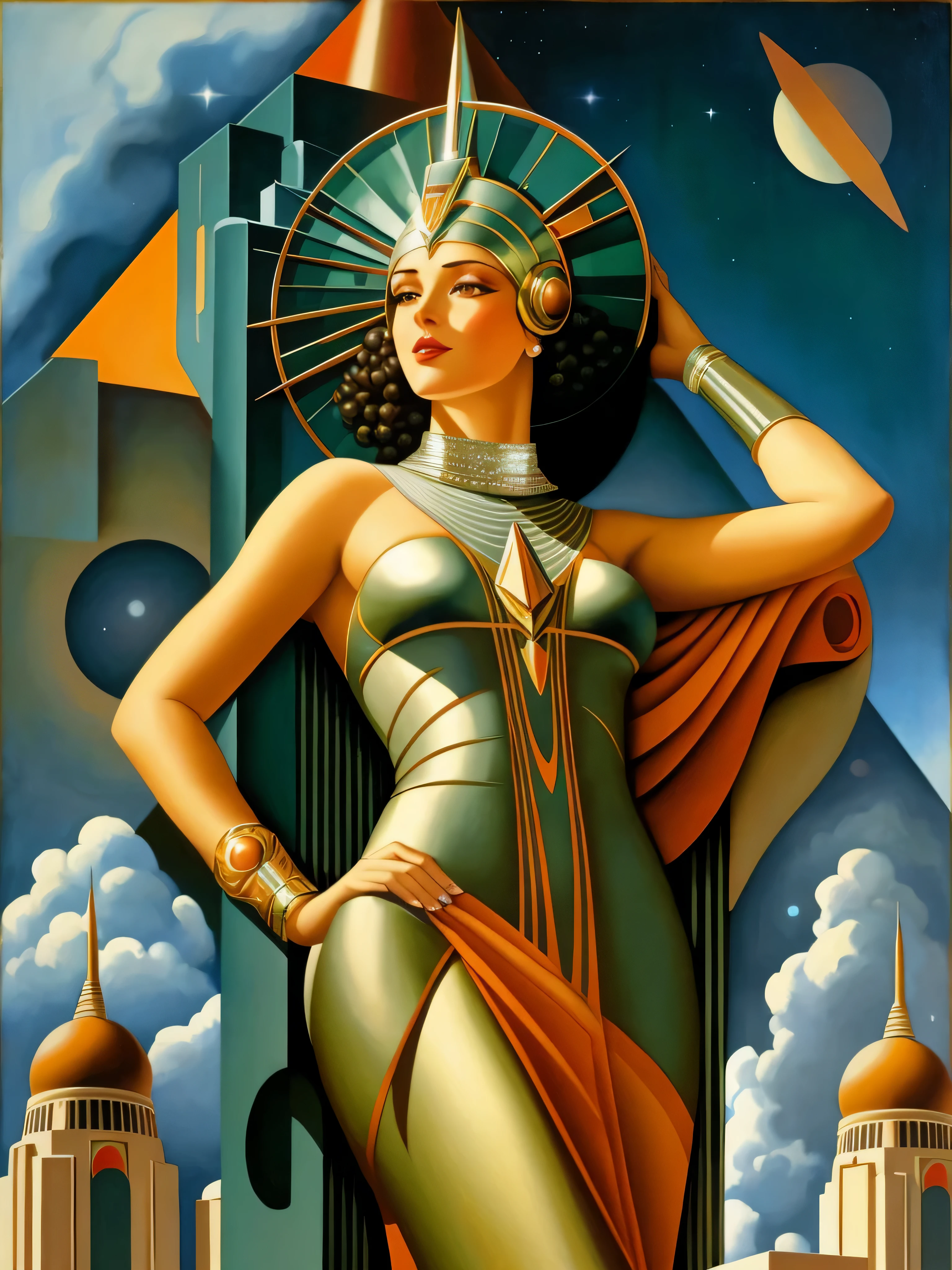 painting of a woman in a dress with a sun on her head, art deco of a space woman, art deco sci fi, georgy kurasov, by Vladimir Tretchikoff, art deco painting, enoch bolles, inspired by Vladimir Tretchikoff, inspired by Art Frahm, realistic art deco, art deco portrait, inspired art deco
