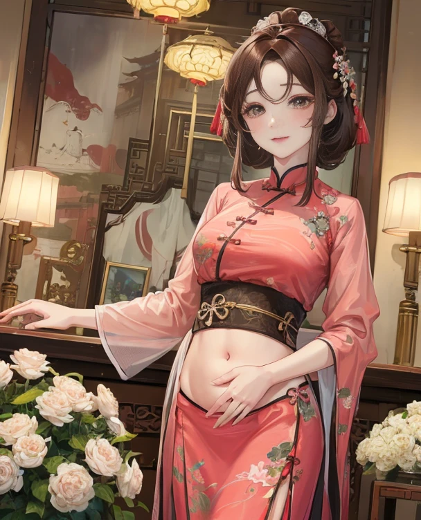 masterpiece, best quality, married woman, aldult, Chinese style, China, elder sister, Smile, hairpin,brown hair, Princess,Full of motherhood,China传统服饰,purely,blush,Dignified yet lively,Mother,Hands on the stomach,thin lips,Mature,belly
