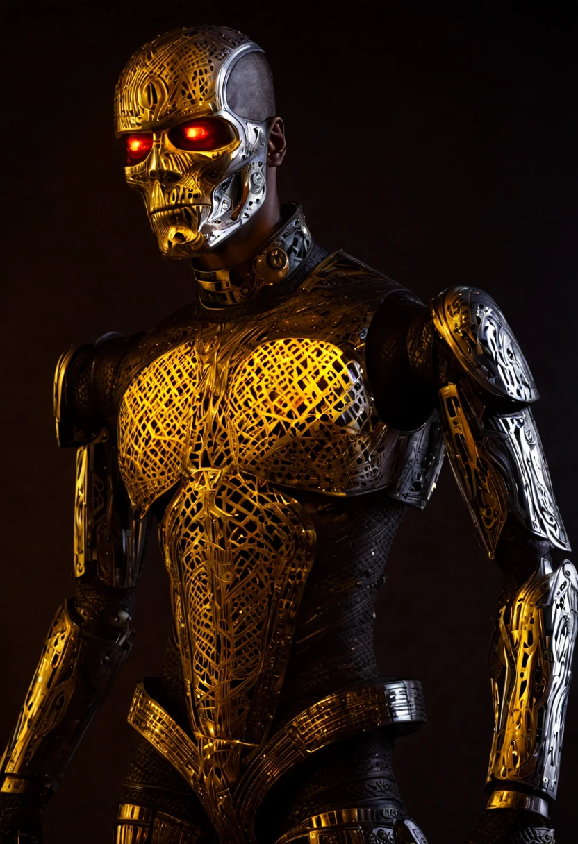 bipoc men Terminator as RoboCop, ideal body anatomy. clear beautiful look, perfect eyes, a mixture of gothic Harlequin-Punk Horror-Punk. Fucked up punk, end of the world punk. Gustav Klimt/Piet Mondrian, demonstration of cybernetic enhancements, scrolling code animation, opaque black glass body emitting a soft glow, extensive chrome plated, reflective LED light, spectral colors cast on an enveloping fog, set in a ghetto of etched glass, decorated with gold filigree, enhanced by neon splash effects. refractograph --ar 8:10 --v 6.0.