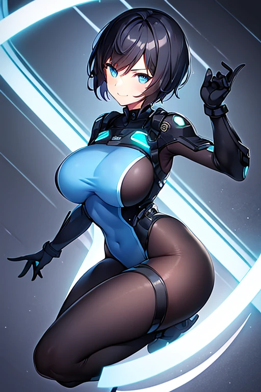 1girl, , large breasts hair, very short hair, pixie cut, tomboy, boyish, blue eyes, bodysuit, black bodysuit, blue trim, science-fiction, futuristic, tech, neon trim, neon, smile, full body, ((full body)), pantyhose, blantyhose, hourglasure,