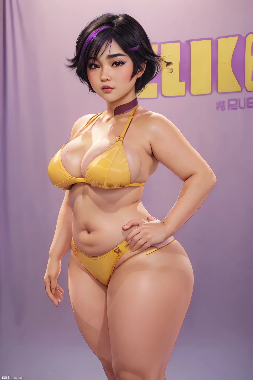 masterpiece, (photorealistic), (8k wallpaper), (best quality), perfect quality, solo, (detailed eyes), girl, Gogo Tomago, part-purple hair, very beautiful, young, pose: (sexy pose, ashamed), (got very chubby), face : (young, ((blushed)), (round face), ashamed, perfect face, thin face, detailed face, (simmetric face), very beautiful face, asian, Japanese, very beautiful, small smile, cute face, young, big eyes), figure: ( very full body, very full figure, ((huge breasts)), very curvy, very thicc, ((very chubby)), very chubby belly, very chubby belly bottom, belly bulge, muffin top, love handles, very thick, ((wide waist)), ((big deep navel)), very soft, very curvy, wide hips, sexy curves, (sexy), fat ass, very thick thighs, thunder thighs) , clothes : ((tight yellow bikini))