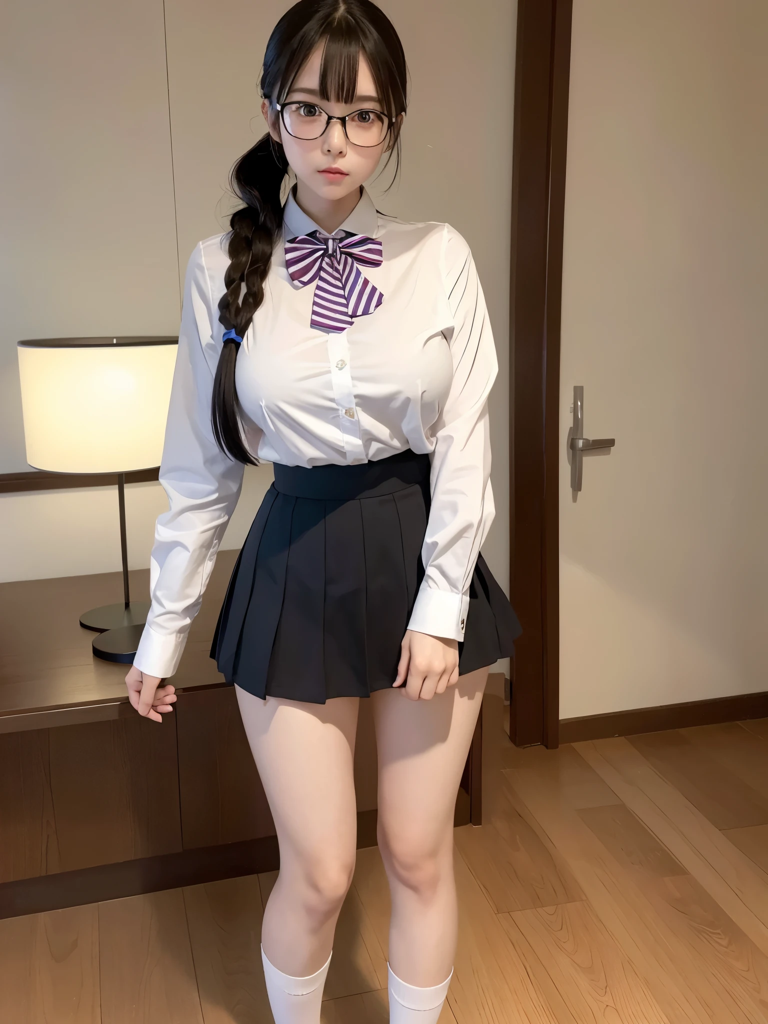 1teen girl, solo, ((best quality)), ((masterpiece)), full body, looking_at_viewer, dynamic angle, ((very short))school uniform, cute, clear facial skin, very sexy, ((intricate details)))