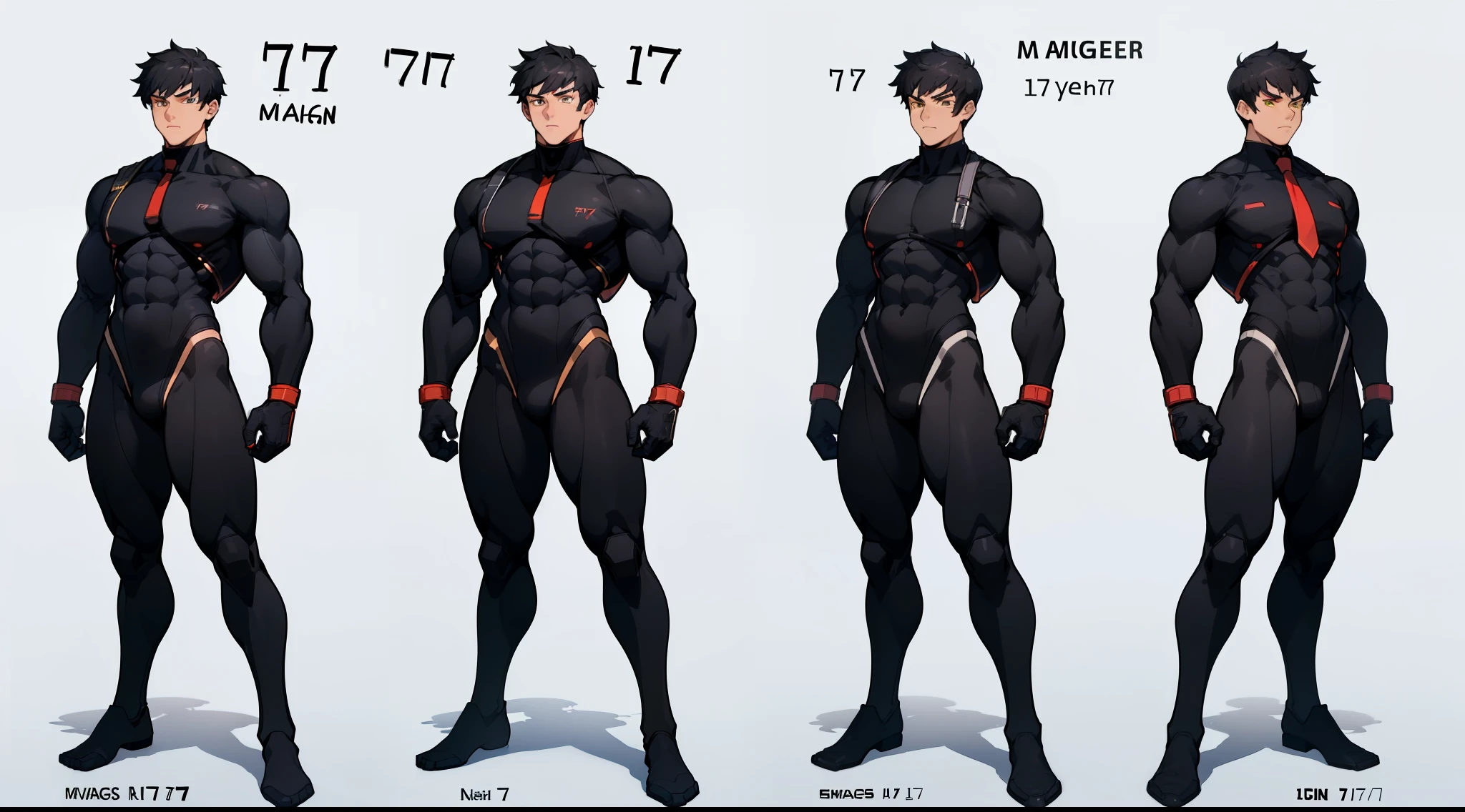 ((Masterpiece, Highest quality)), Detailed face, character sheets, full bodyesbian, 1boy, Yellow eyes, Black hair, short detailed hair,bowl hairstyle, Black tight compression shirt, tight black compression suit, red tie, hunter eyes, black small pupils, , Full of details, Multiple poses and expressions, Highly detailed, Depth, Many parts (((muscular teenager body, huge pecs, six pack, huge piceb, thick legs, huge thighs, strong teenager) best shadows. (((black tight suit))) (((visible muscular body under suit))) SOLO (((full body))) (((standing))) (((normal poses))) ((((( TEENAGER)))