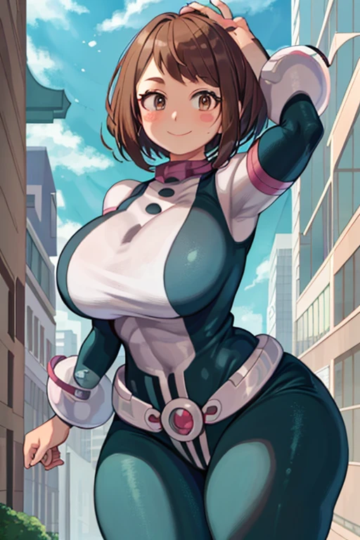 masterpiece, best quality, highres, hmochako, blush stickers, short hair, (((pixie cut 1.6))), huge breasts, superhero, bodysuit, boots, ruins, building, fighting stance,  hand on hip, wide hips, thick thighs ((curvy)), latex suit, sexy, smile, sensual, (((mature female 1.5))), PBR textures, from behind