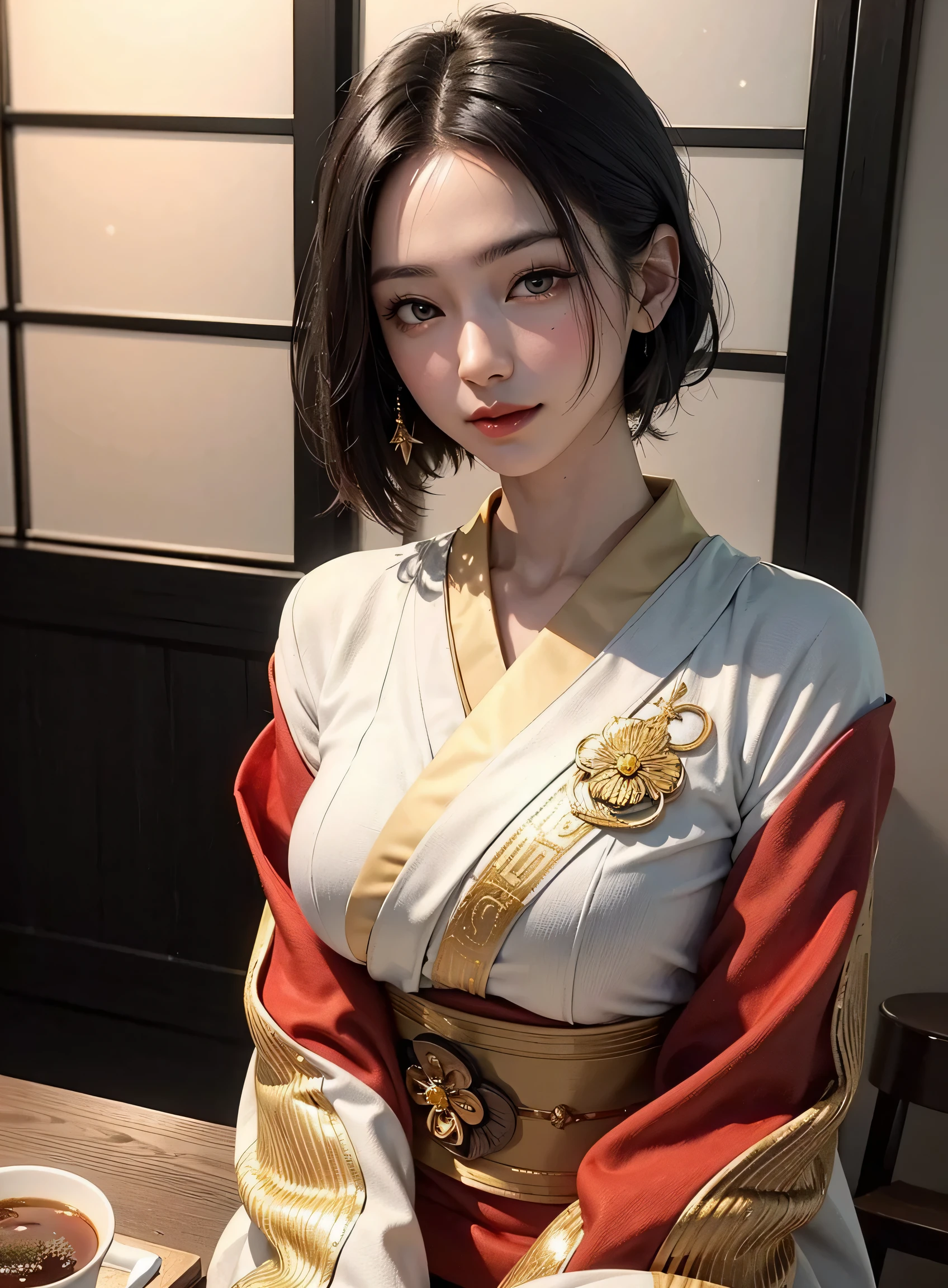 sfw, girl, black hair, wavy short hair, bright red lips, shiny lips, shiny skin, shiny eyes, closed mouth, (half closed eye), inviting smile, (stylish and captivating white kimono with gold embroidery:1.2), seiza, (traditional round table), place a tray on one's thighs, (traditional yunomi on table, green tea, steam from the traditional yunomi), hanging scroll, shoji, (traditional and formal Japanese house), (sophisticated city skyscrapers glittering outside the window:1.3), (close up face:1.2), dynamic angle, from side, depth of field, (monochrome:1.4), (flat color:1.3), (emphasize only red and gold:1.3), correct body structure, 8k, RAW photo, (high detailed skin:1.2), 8k UHD, DSLR, soft lighting, high quality, film grain, Fujifilm XT3, RAW candid cinema, 16mm, color graded portra 400 film, remarkable color, ultra realistic, textured skin, remarkable detailed pupils, realistic dull skin noise, visible skin detail, skin fuzz, dry skin, shot with cinematic camera, ((Full-Body Shot)), detailed skin texture, (blush:0.5), subsurface scattering, wearing bra,((skinny waist)), young asian girl, ((big )),