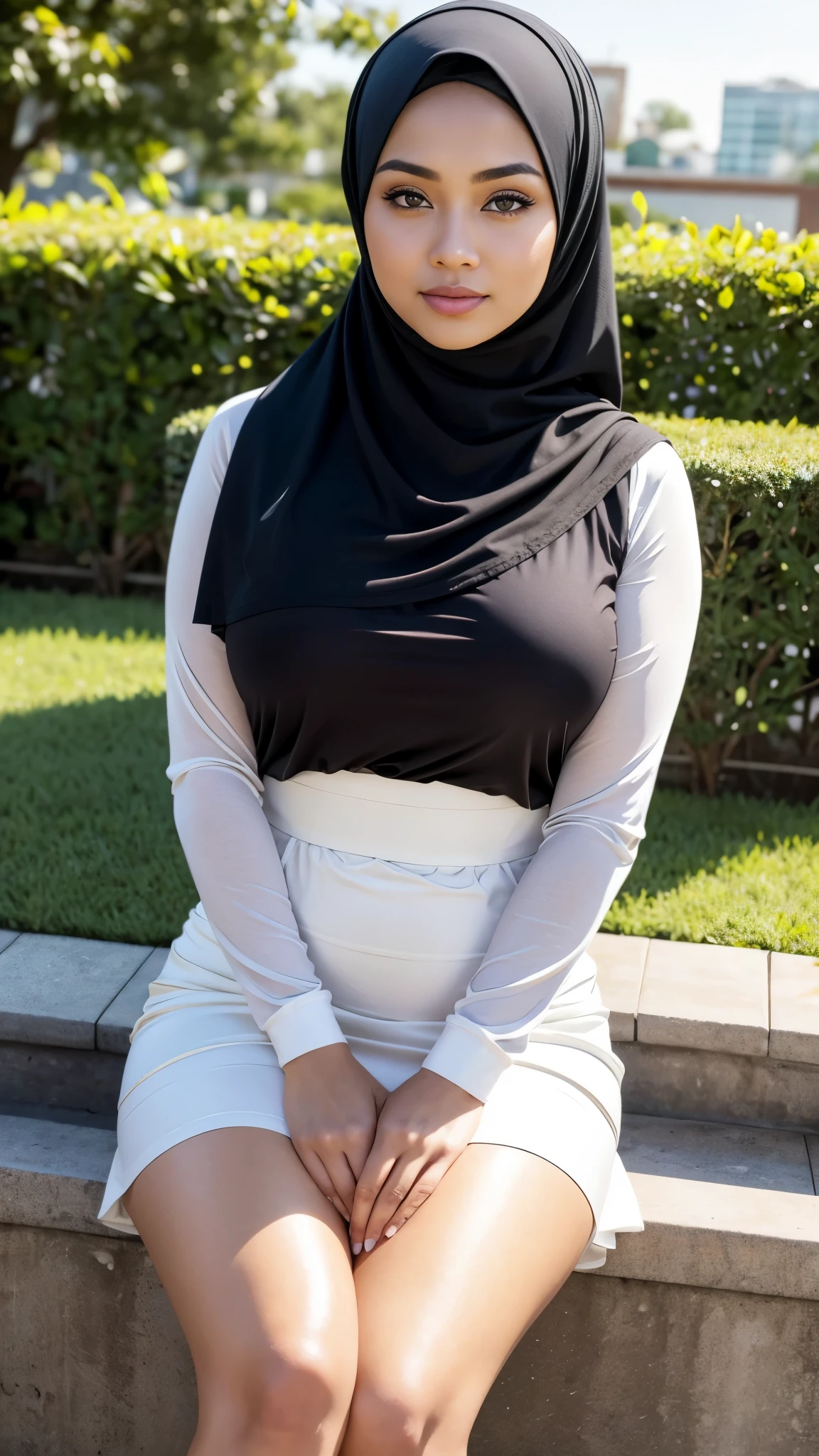 (Close Up),RAW, Best quality, high resolution, masterpiece: 1.3), realistis,beautiful Malay woman in hijab, Masterpiece, fit body, big breasts, big eyes, beautiful face, Soft smile, thick thighs, Muslim woman wearing a brown top and wearing a white long skirt, sitting on city garden, beautiful masterpieces, extraordinary lighting, bright colors, clean lines