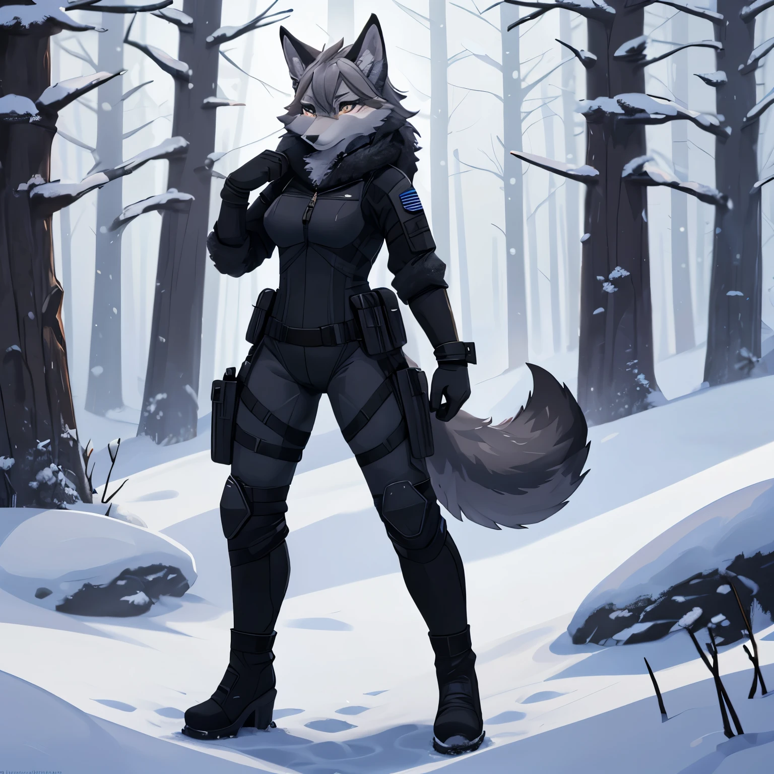 Шедевр, лучшее качество, one female furry wolf, (grey fur 1), medium hair, in tight black tactical suit, In thigh-high boots, in long gloves, calmly stand in snow forest, 