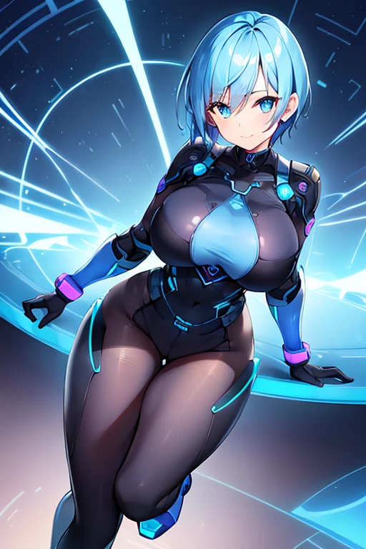 1girl, breasts, large breasts, blue hair, very short hair, pixie cut, blue eyes, bodysuit, black bodysuit, blue trim, science-fiction, futuristic, tech, neon trim, neon, smile, full body, ((full body)), pantyhose, black pantyhose, hourglass figure, ((hourglass figure))