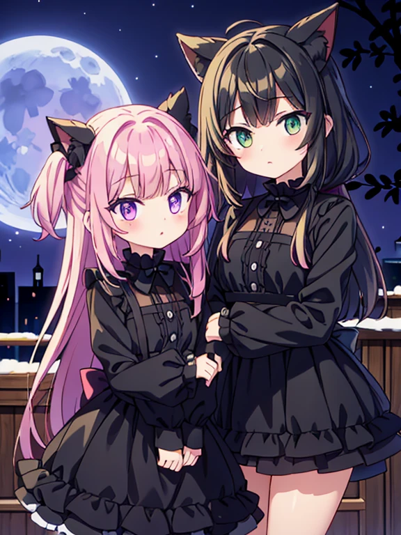 A black cat with olive green eyes next to a girl with pink hair and violet eyes standing together under the moon